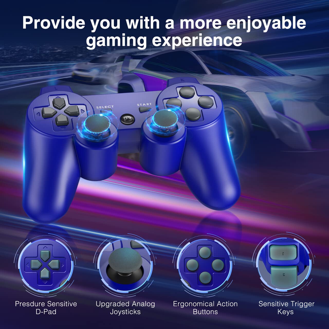 Powerextra PS-3 Wireless Controller for Play-Station 3 with High Performance Upgraded Joystick Rechargeable Battery Double Shock for PS-3 (Blue) : Video Games
