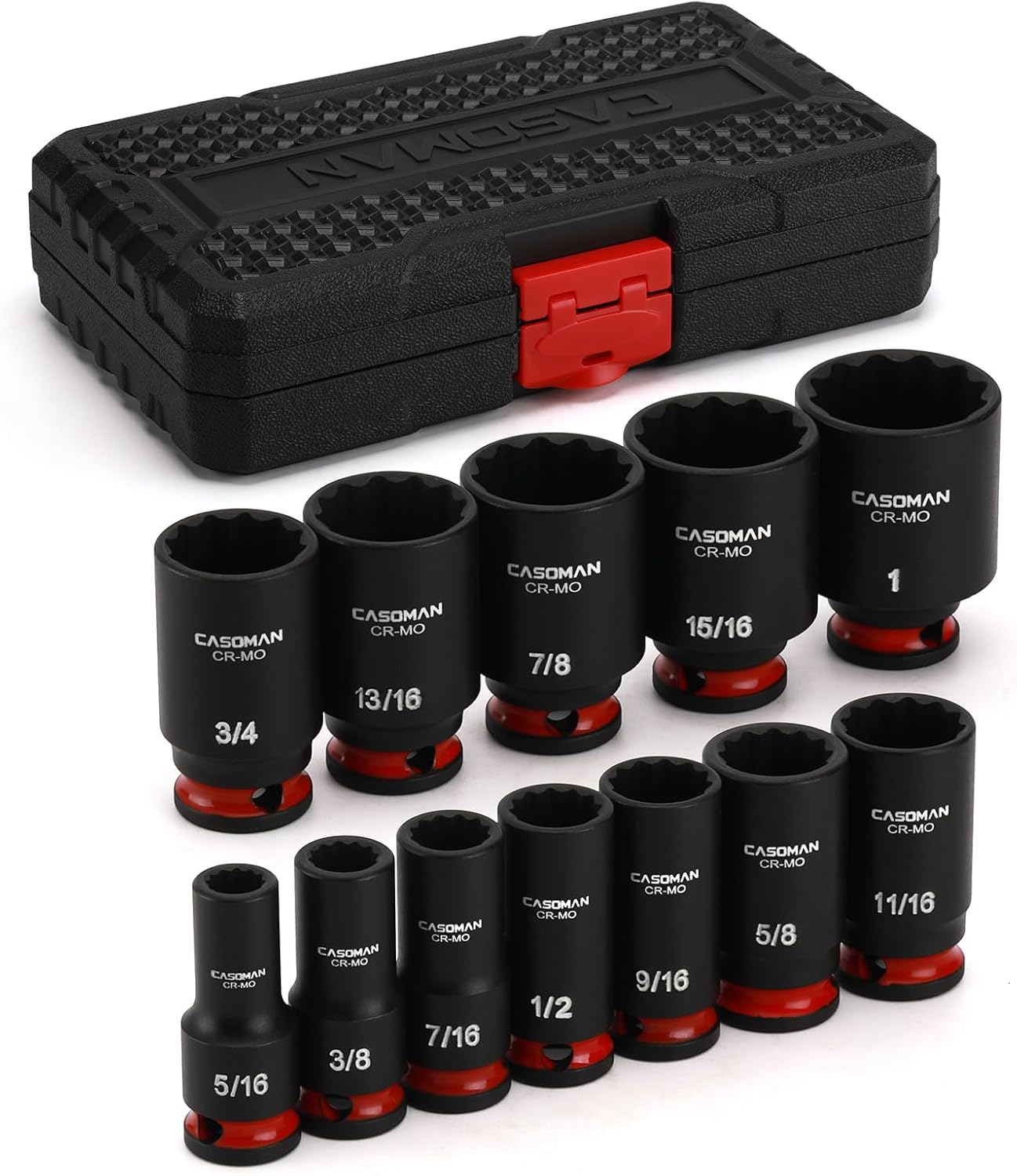 CASOMAN 12-Pieces 3/8" Drive Mid-Length Impact Socket Set, 12-Point, SAE, 5/16-Inch to 1-Inch, CR-MO Steel, with Storage Case