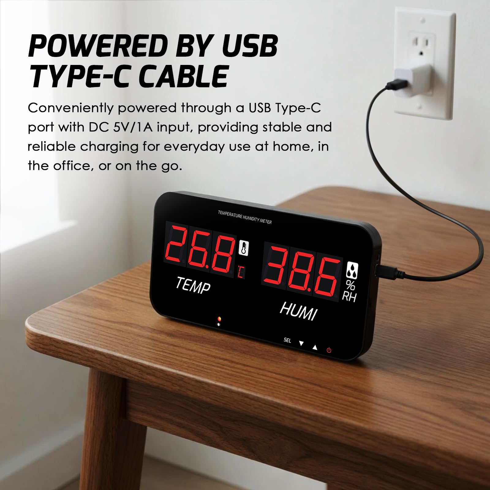 Termómetro higrómetro digital con pantalla LED grande, monitorea temperatura y humedad interiores, alarmas sonoras y visuales ajustables, sonda integrada, USB-C, montaje en pared o en mesa. en la