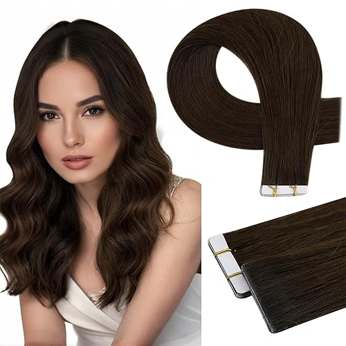 Miniatura 1 de Full Shine Cinta de inyección virgen en extensiones de cabello de 14 pulgadas, color marrón oscuro, extensiones de cinta virgen de 0.71 oz, 10