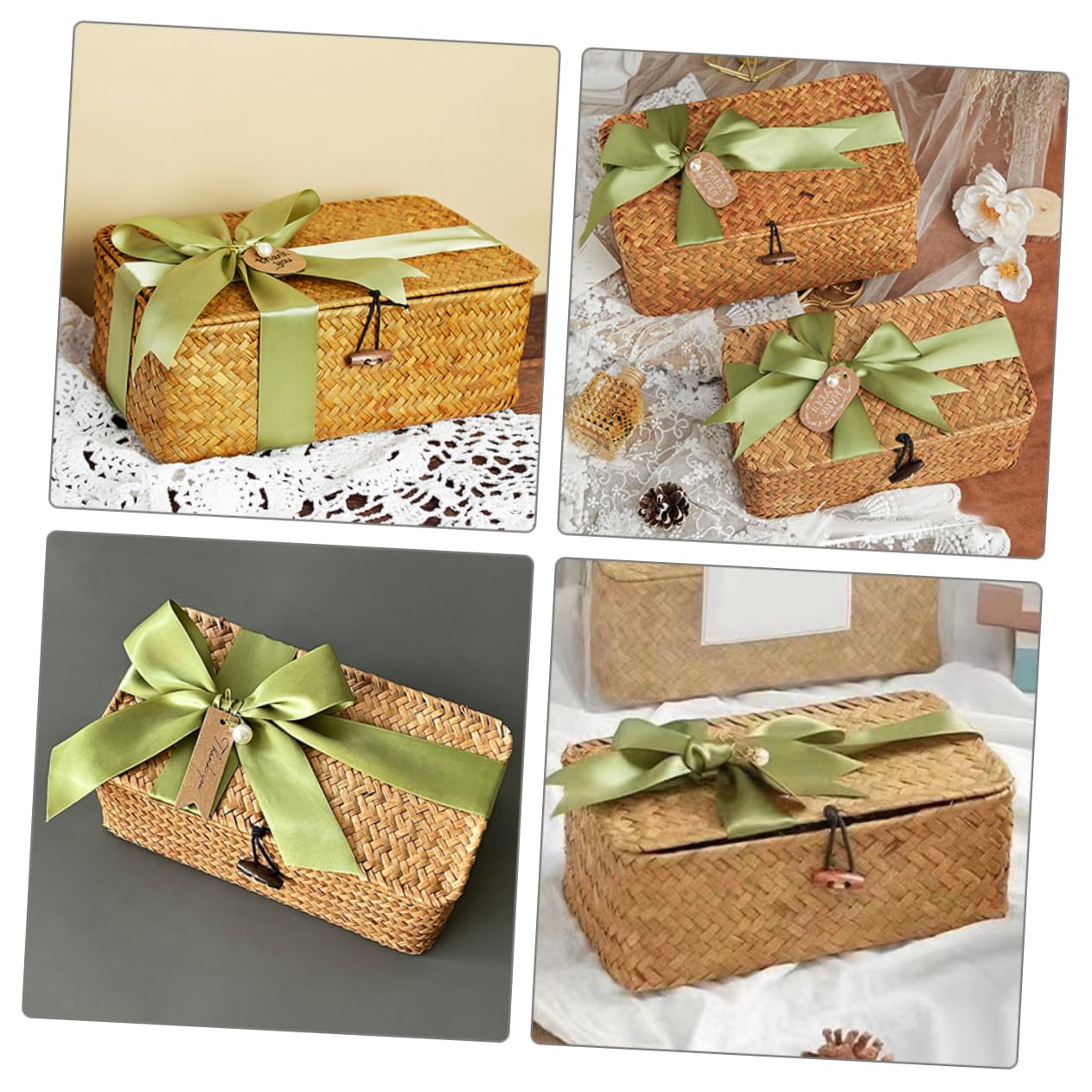Cesta de Paja de Almacenamiento Tejida Rectangular Tapa