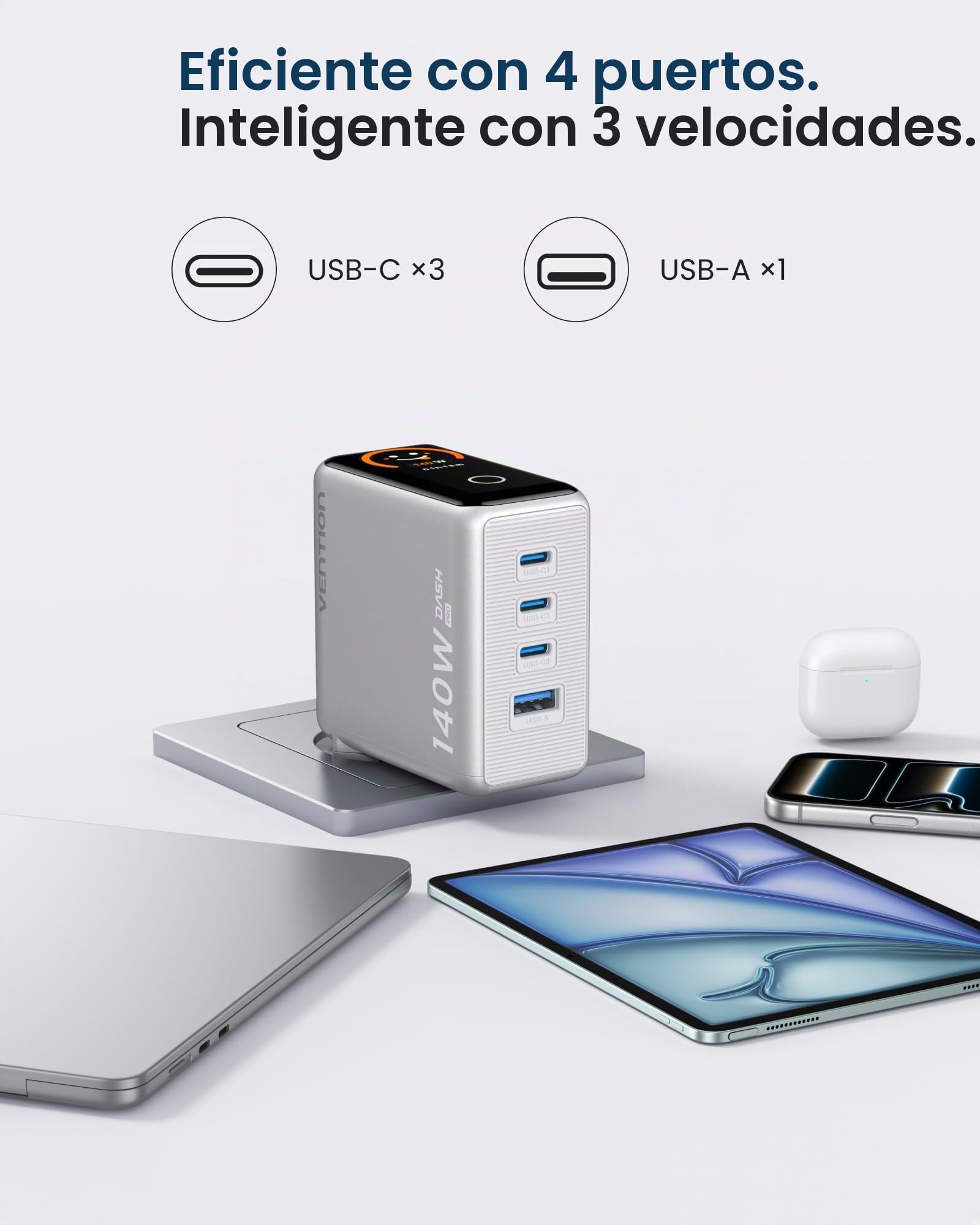 VENTION Cargador USB C 140W, Cargador GAN 5.0 de 4 Puertos con Pantalla TFT, Adaptador USB C de Viaje Rápido, Compatible con iPhone 15/16/17, MacBook Pro/Air, Argento Titanio