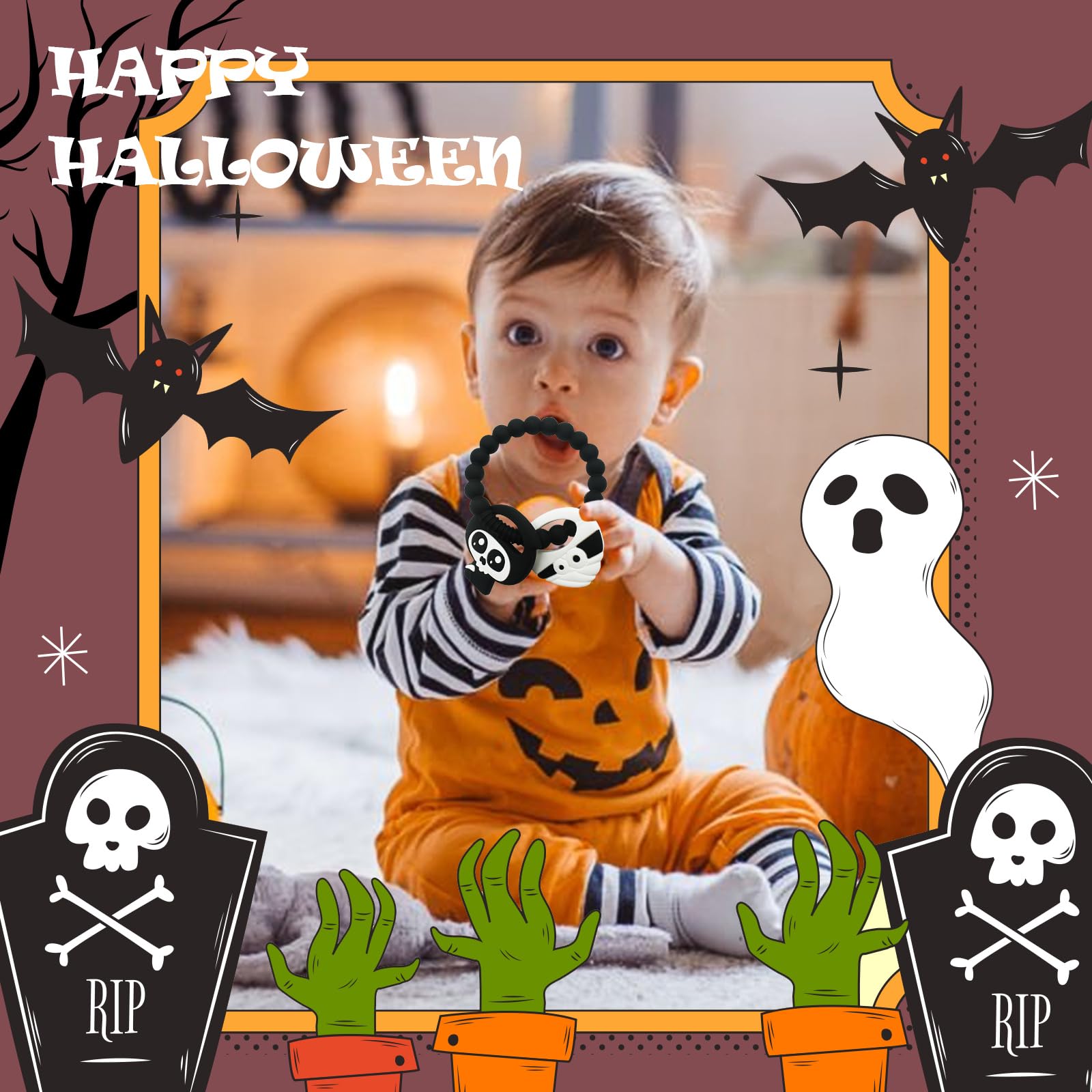 My First Halloween Teething Toy and Llama Silicone Baby Teether Set - Spooky Baby Teethers, Pumpkin Rattle, Ghost Teether (2 Pieces)