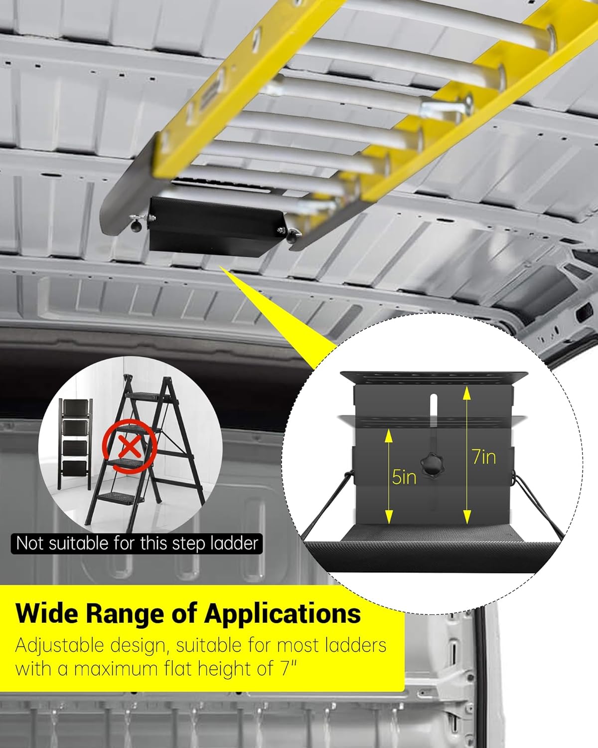 Universal Van Interior Ladder Storage Holder, Adjustable Internal Ladder Rack Fit for Van/Trailer/Truck Roof, Securely Stores Ladders in Vehicle