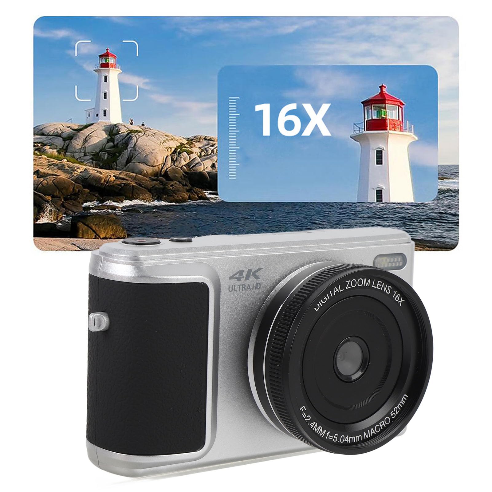Aparat Cyfrowy, Kamera do Vlogowania 4K UHD 64 MP na YouTube, 2,8-calowy Ekran z możliwością Obracania o 180 Stopni, Cyfrowy Aparat Bezlusterkowy z 16-krotnym Zoomem (SILVER)