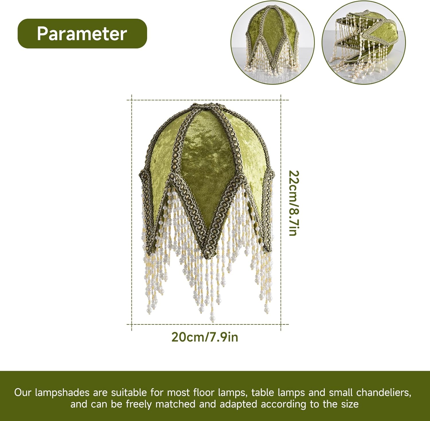 Tassel lampshade - Retro country style green bead tassel lampshade,8.7"High artistic atmosphere replacement lamp accessory for living room-C