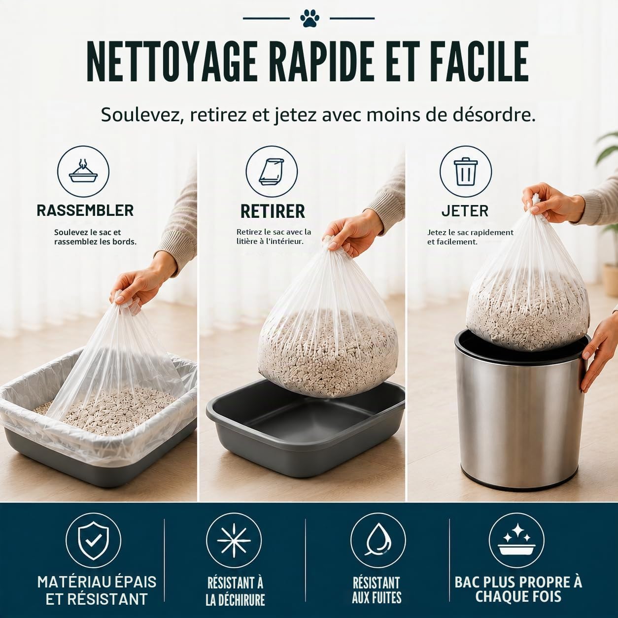HayaHome Eco 50 grands sacs de litière pour chat en rouleau 40 μm 80 x 36 cm résistants aux rayures et respectueux de l'environnement 100 % matériaux recyclés