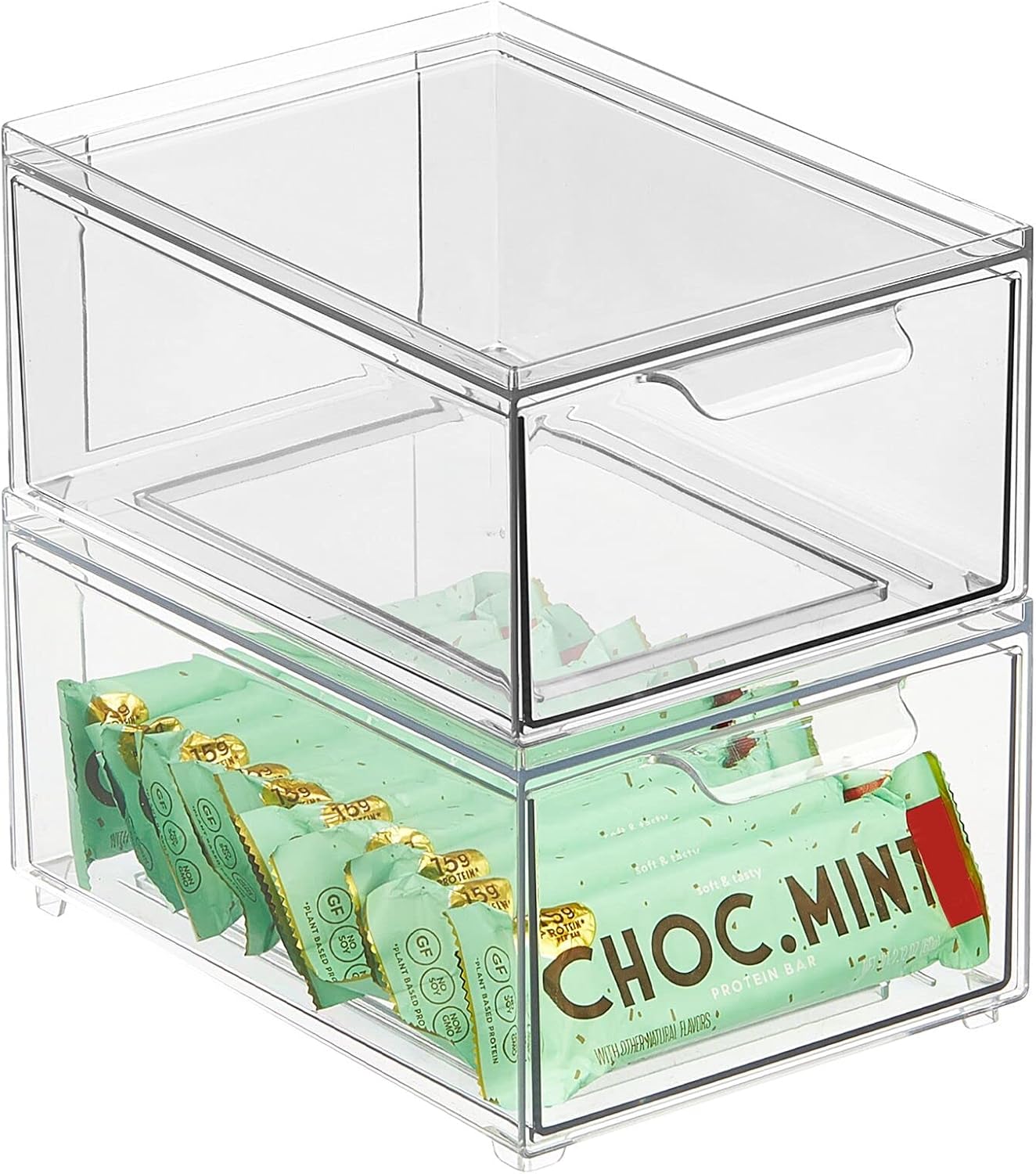 mDesign Stackable Storage Containers Box with Pull-Out Drawer - Stacking Plastic Drawers Bins for Kitchen Pantry and Cupboard, Cabinet, Counter, Island and Tables - Lumiere Collection - 2 Pack - Clear
