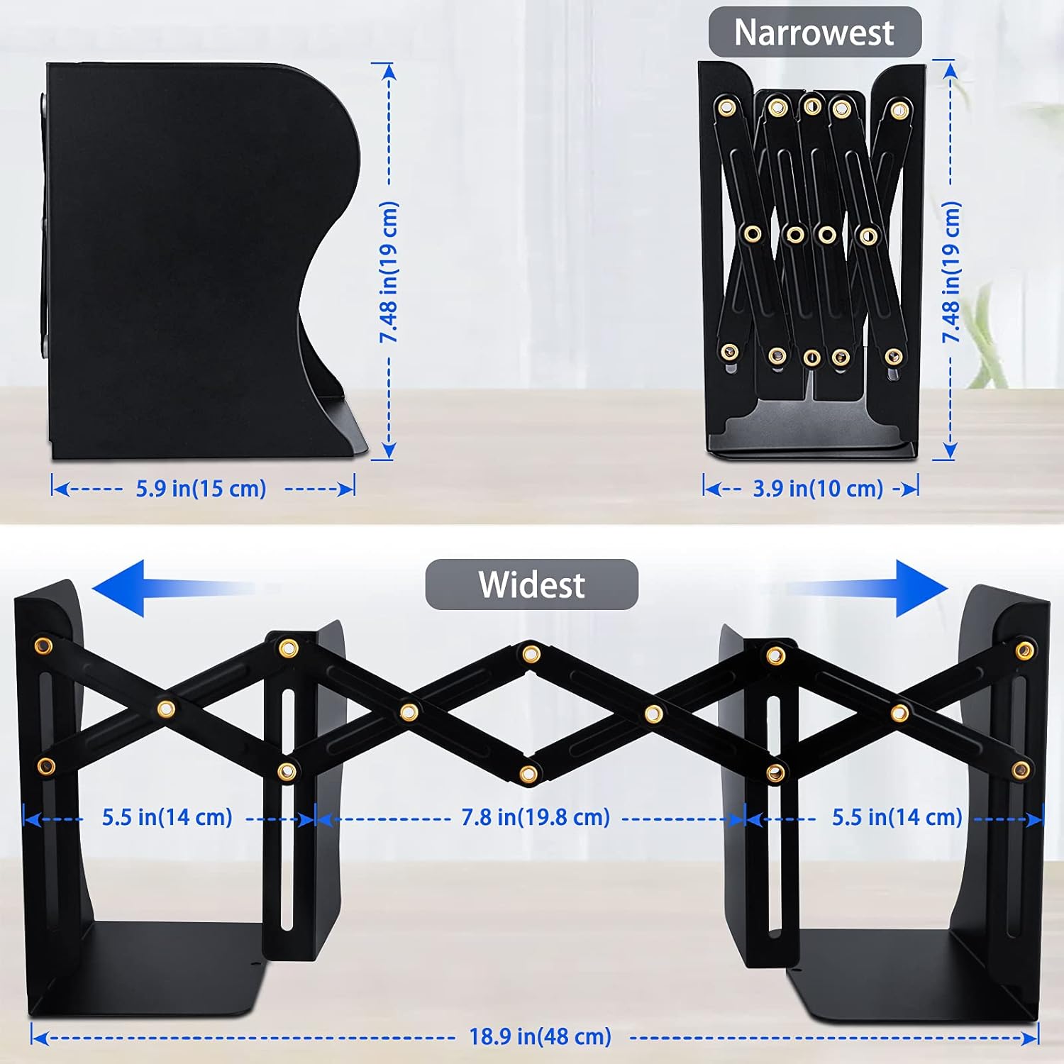 2PCS Non Skid Book Ends to Hold Books, Carooyac Heavy Duty Bookends Adjustable Book End, Metal Bookends for Shelves, Black Book Holders for Bookshelf Desk - Extends up to 19"