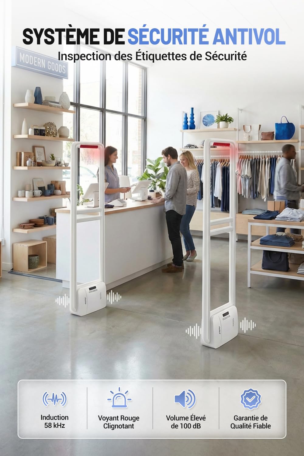 Portique Antivol Magasin, Antivol Commerce Tour d'alarme de sécurité AM 58khz avec 100 étiquettes et Accessoires Complets pour Supermarchés, Vêtements et Magasins de Jouets, Blanc