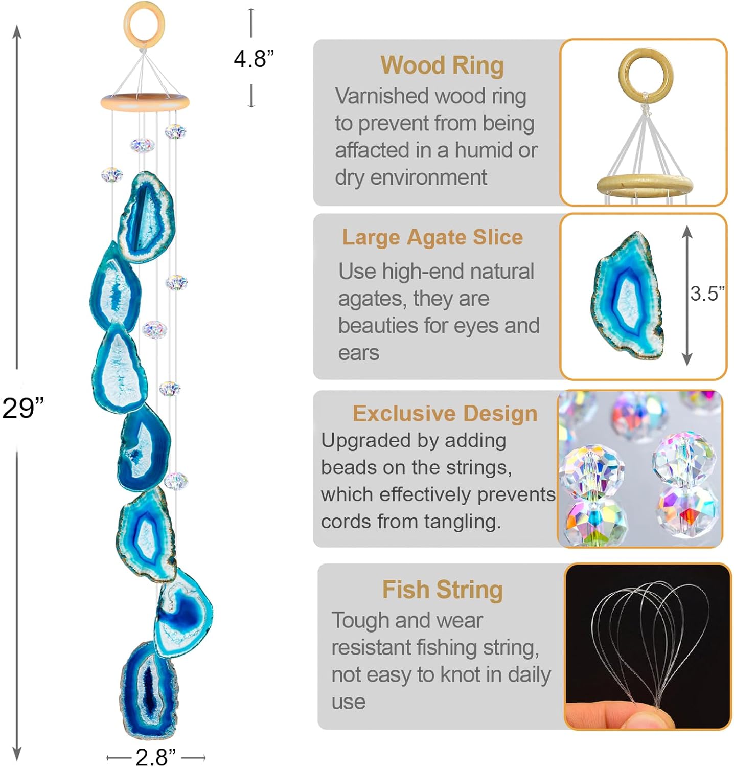 Crystals and Healing Stones, Agate Wind Chime 29 inches with Soothing Sound, Windchimes Outdoors Unique, Boho Wall Hanging Decor, Hanging Crystals for Decoration, Geode Decor, Unique Gifts for Women