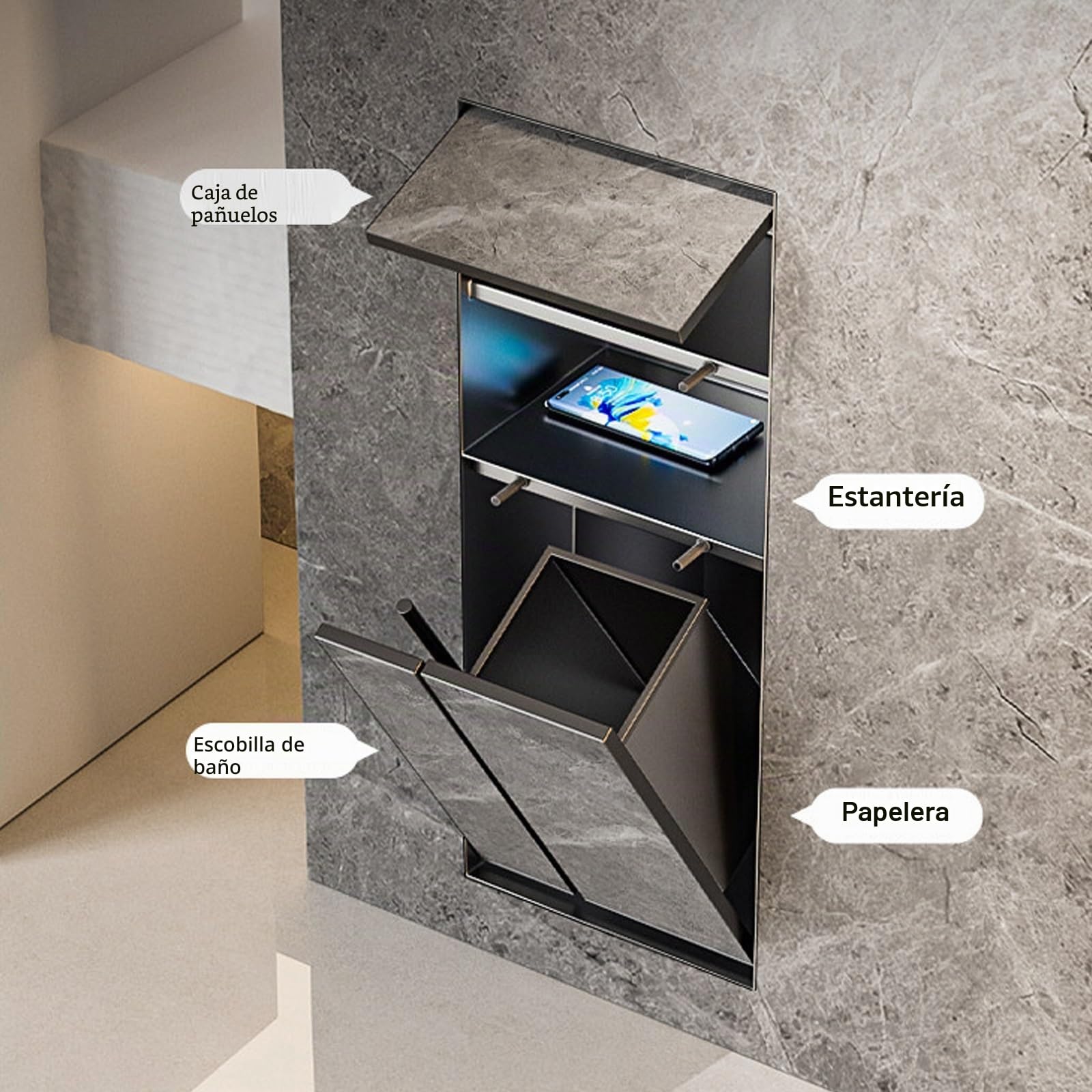 Portarrollos de Papel higiénico Empotrado con Papelera/portaescobillas, nicho de Pared para baño 4 en 1 de Acero Inoxidable 304 Apto para Azulejos, nicho de Ducha Empotrado