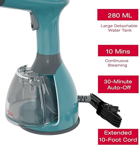 Miniatura 4 de SINGER Vaporizador de mano para ropa, potente vapor de 1500 W, calentamiento rápido de 20 segundos, tanque desmontable de 9.5 fl oz, apagado