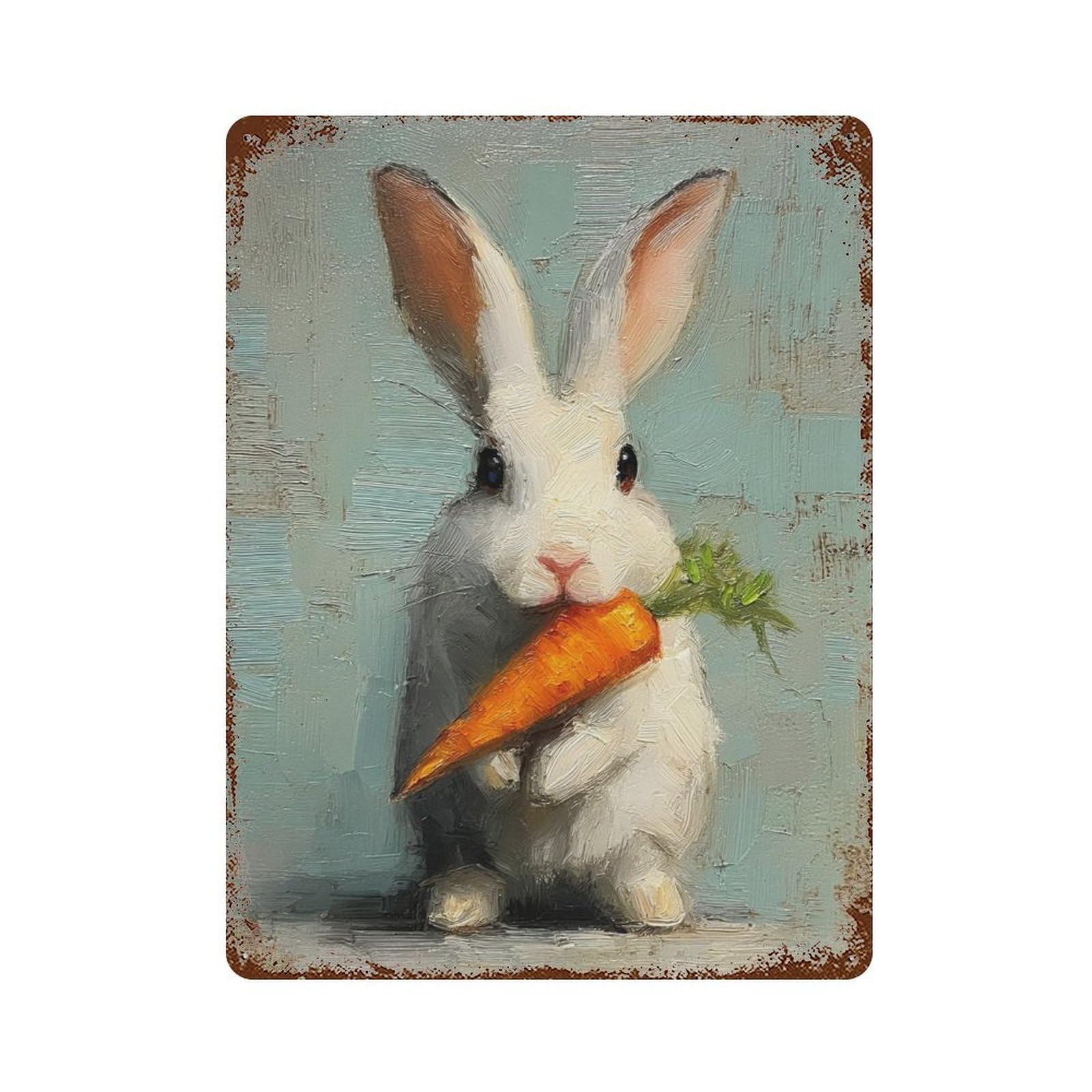 Rustic Tin Plaque with White Rabbit with Carrot Painting Design 15.7"x11.8", for Pub, Kitchen And Man Cave Decor, Old School Wall Decor