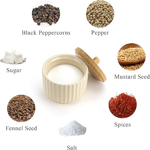 Miniatura 6 de LunaLife Recipiente para bodega de sal con tapa de bambú cuencos de cerámica de gran capacidad de 14 onzas caja de pimienta contenedor de
