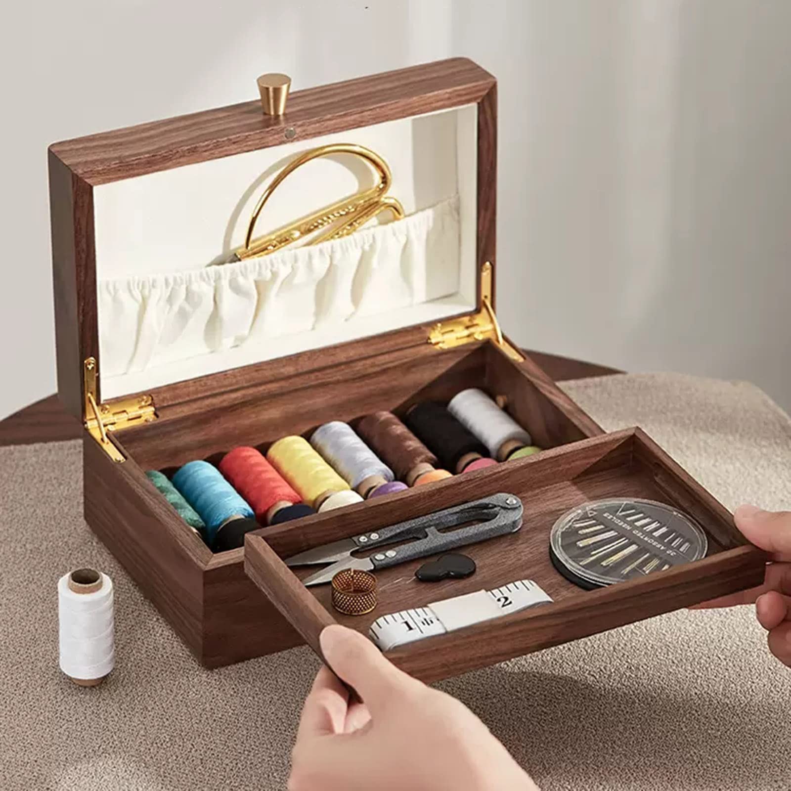 Näh-Aufbewahrungsbox aus Holz, 2 Ebenen, Nadelgarn-Aufbewahrungsbox mit herausnehmbarem Fach, dient zur Aufbewahrung von Nadeln und Anderen Werkzeugen (Leere Box)