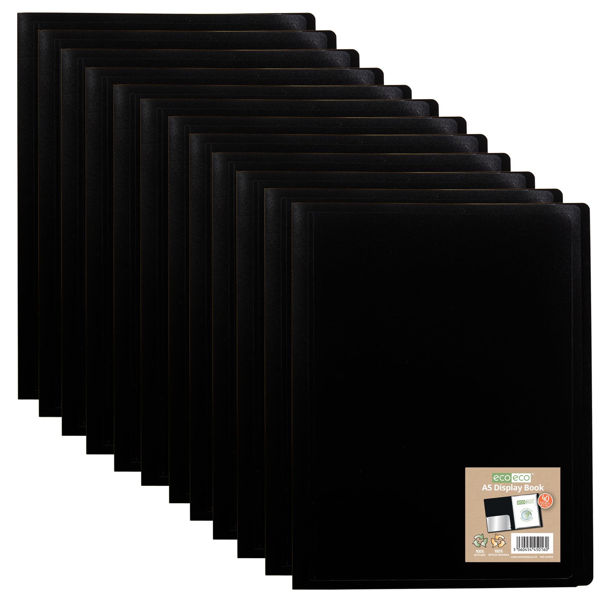eco-eco A5 100% Recycled 40 Pocket Black Flexible Cover Portfolio Book Folder Display Book, Pack of 12, eco016x12