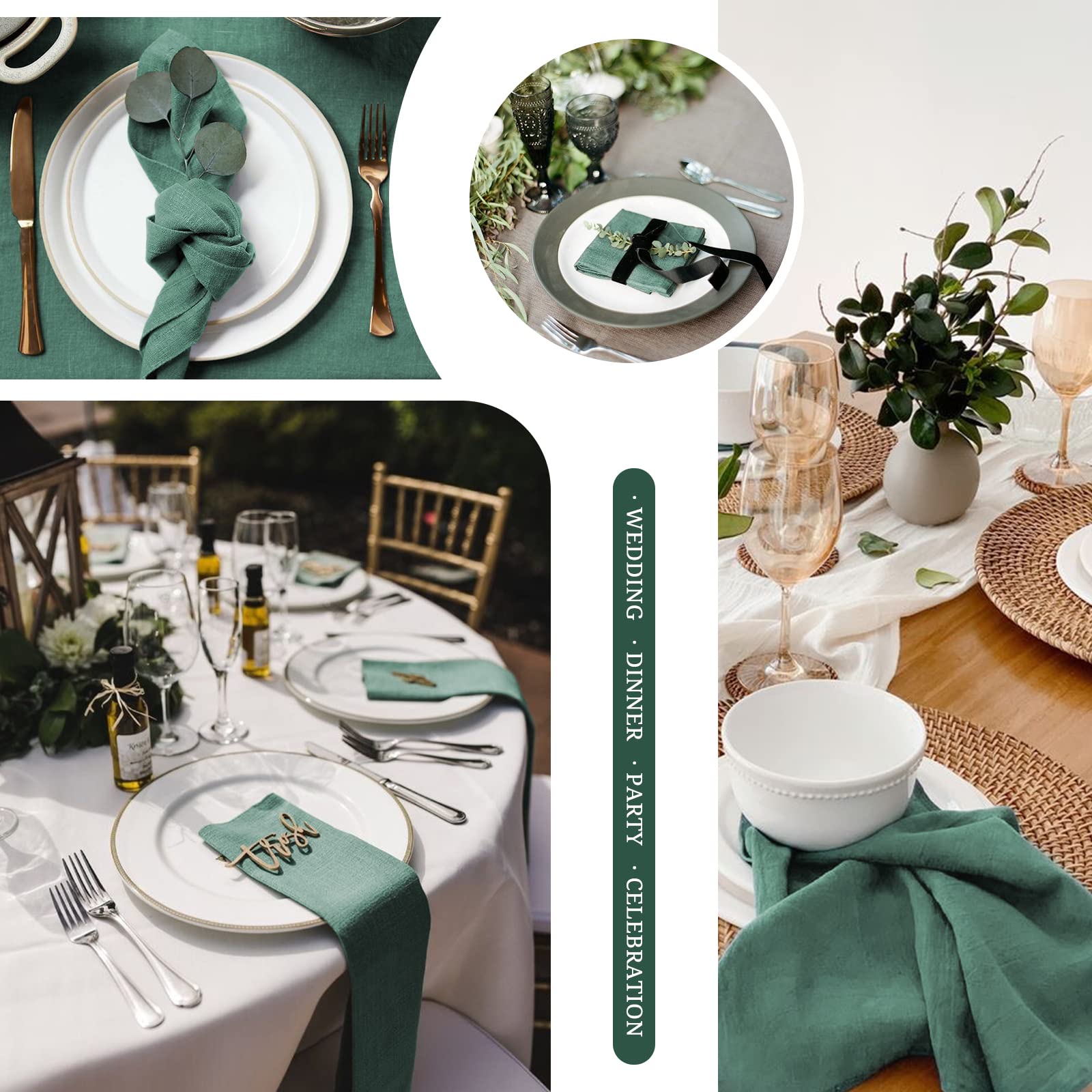 Showgeous Lot de 24 Serviettes en Lin et Coton, 40 x 40 cm, Serviettes en Tissu mélangé de Coton et de Lin, lavables et réutilisables pour Mariage, dîner(Foncé Vert)