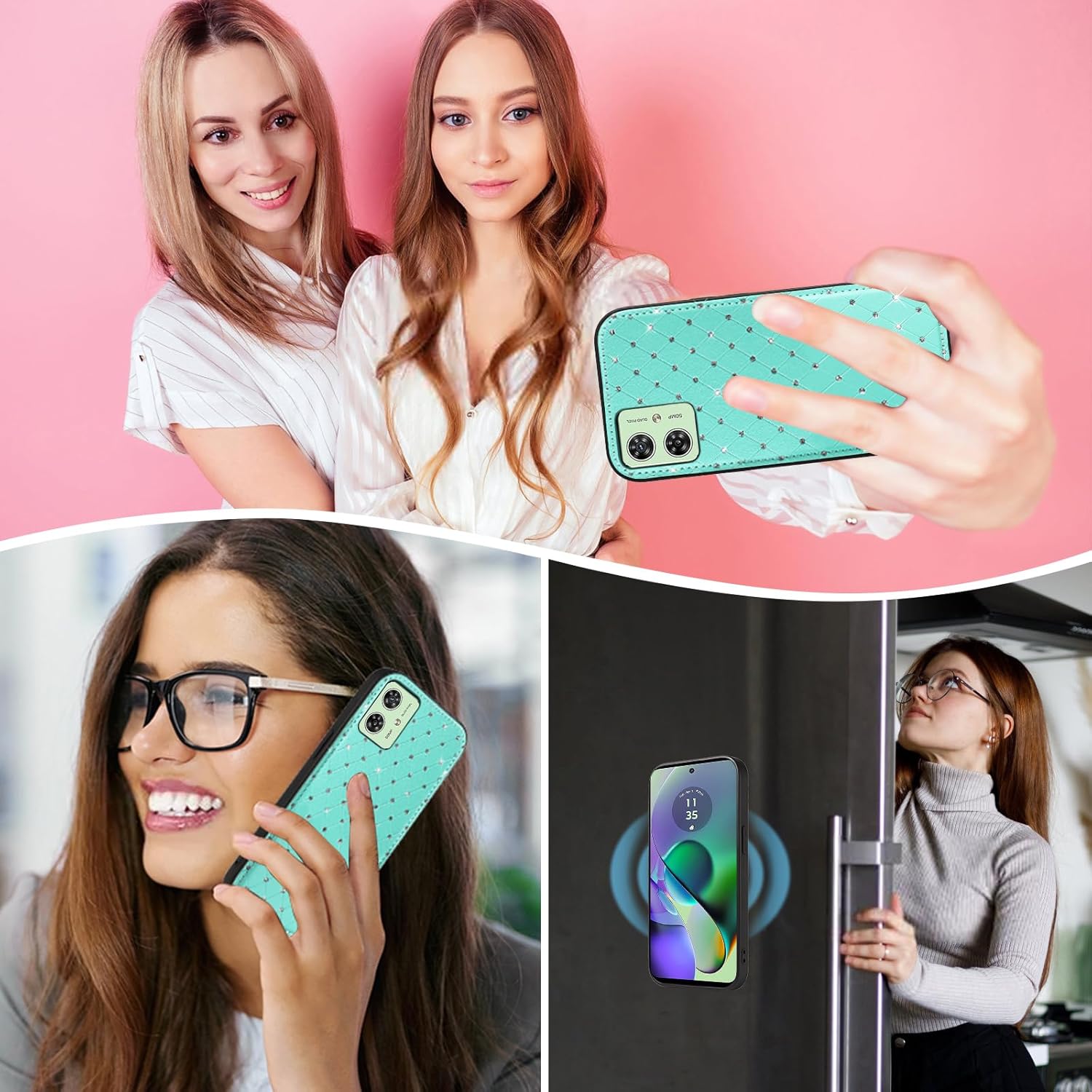 Asuwish Phone Case for Motorola Moto G54 5G Zipper Wallet Detachable Magnetic Cell Cover with Tempered Glass Screen Protector Crossbody Strap Bling Glitter Flip Credit Card Holder G 54 2023 Women Teal