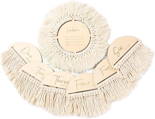 WOODEN TEETHER Tarjetas de borla de hitos mensuales para bebé, 7 unidades, discos de borla de madera para el primer año, accesorios para fotos de