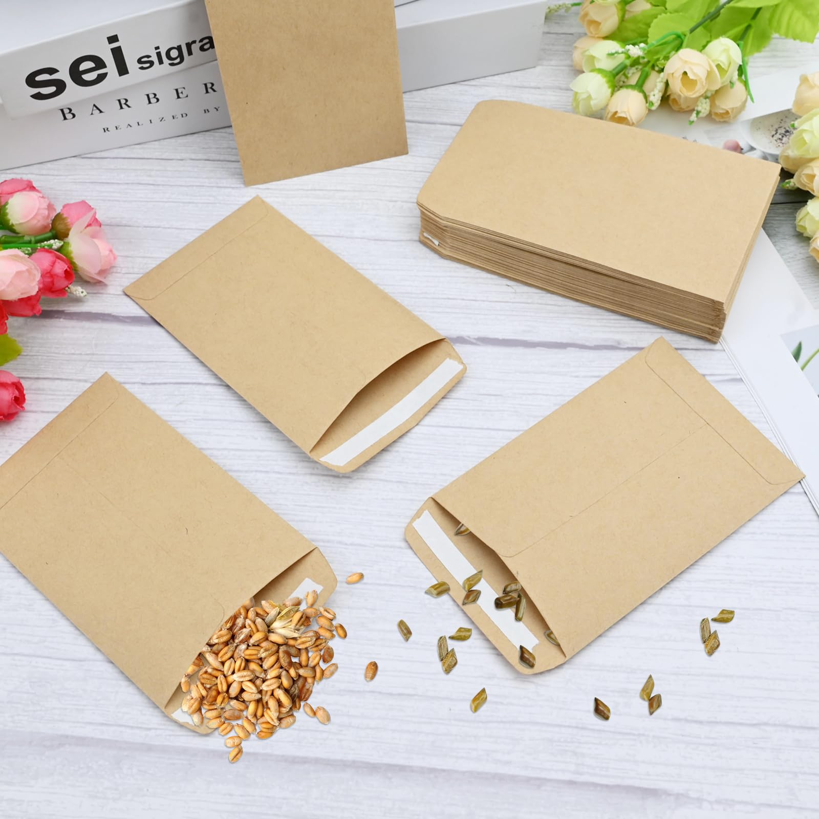 Buste per Semi Kraft da 100 Pezzi, Autosigillanti in Carta Kraft per Conservare Piccoli Oggetti