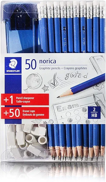 Staedtler norica HB #2 Graphite Pencils 50 Blue Pencils 50 Arrow Tip Erasers and 1 Elite Sharpener