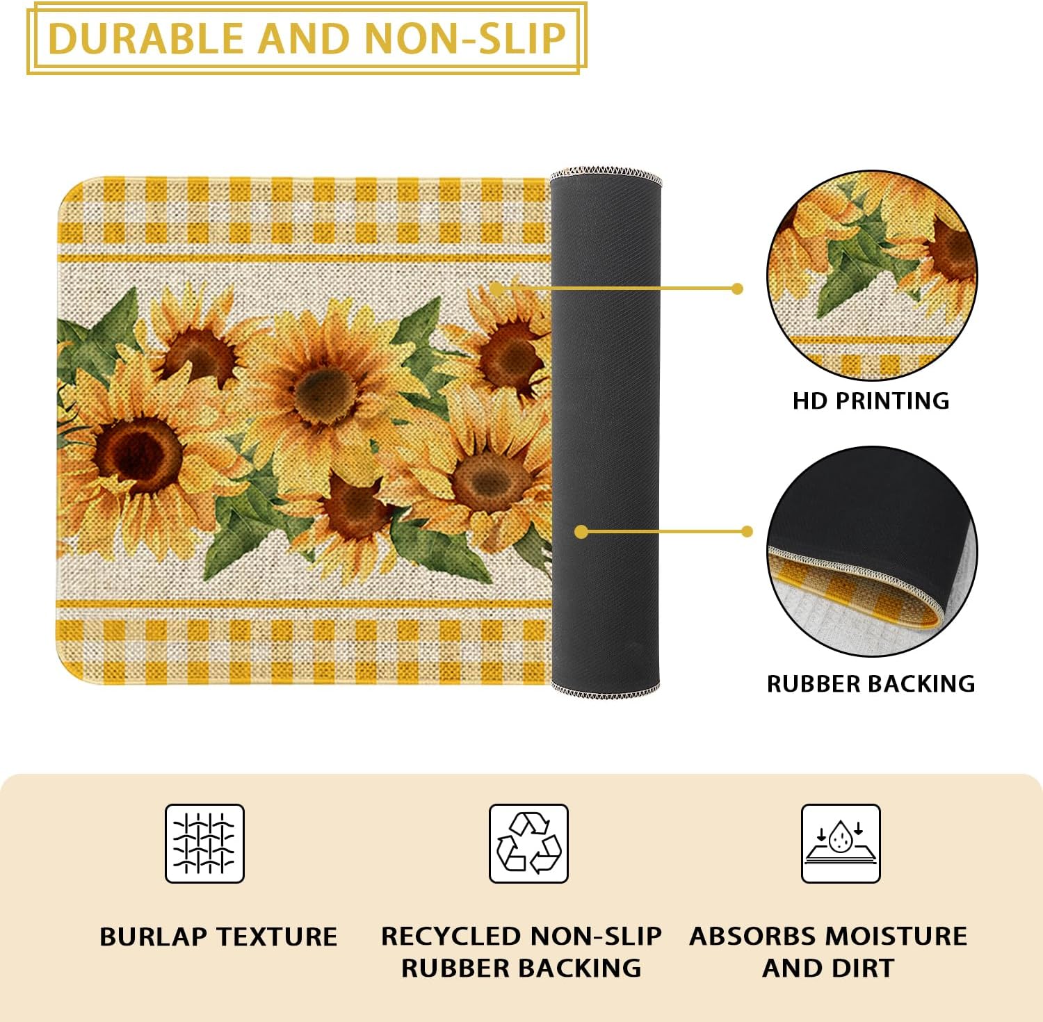 Farmhouse Rustic Kitchen Mats Set of 2 Non Slip Sunflower Kitchen Rugs for Floor Farmhouse Low-Profile Washable Home Decor Kitchen Mat 17x47 Inch and 17x29 Inch