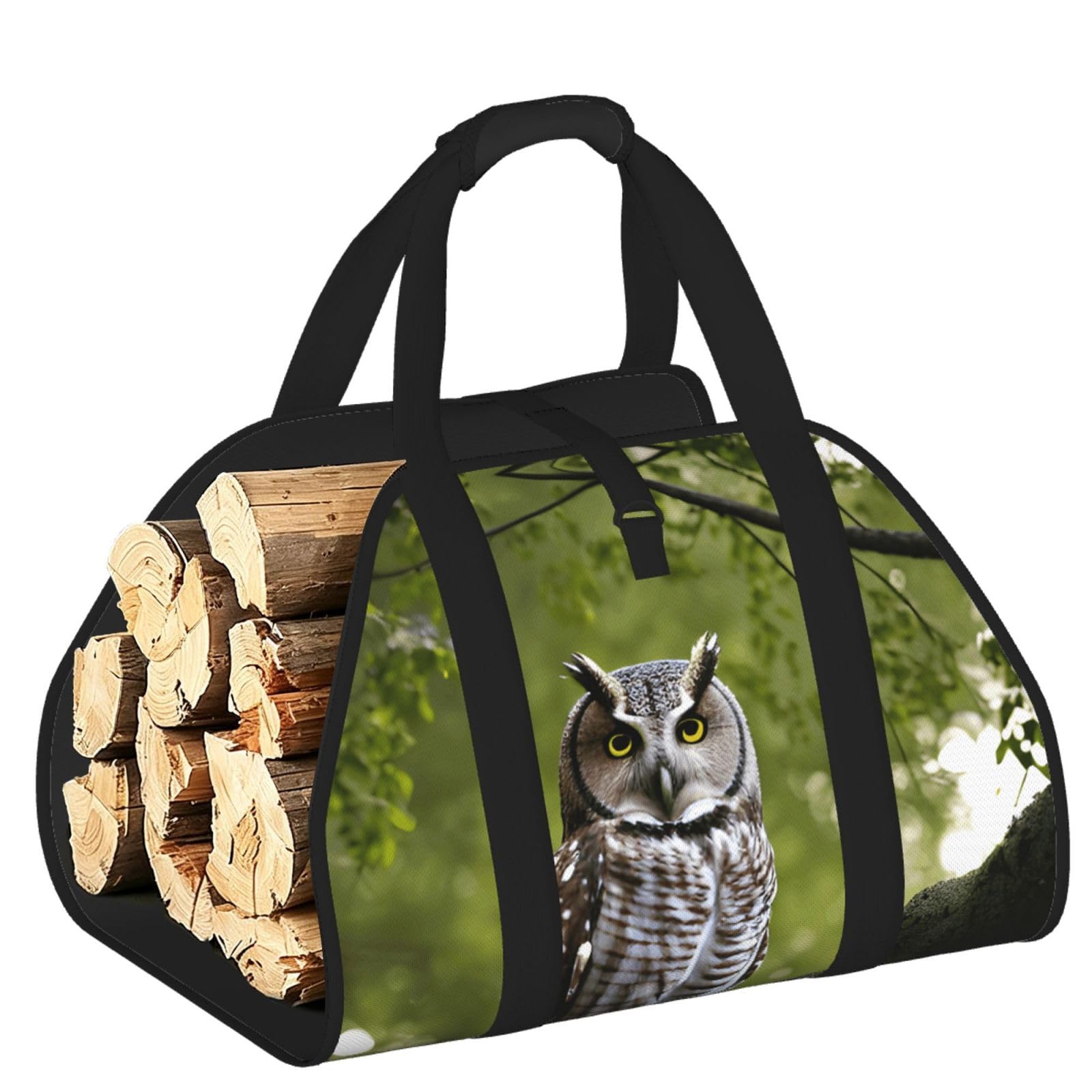 Owl Tree Branches Printed Firewood Carrier Bag, Log Tote with Open-Ended Design for Camping Outdoor Wood Hauling