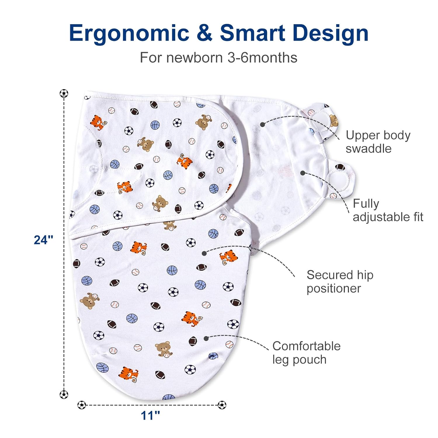 Bubble bear Baby Boy Girl Swaddle Blankets, 3-6 Months - Hypoallergenic, Adjustable Swaddle Sleep Sacks, Cute Soccer Ball, Dinosaur Pattern, 3 Pack