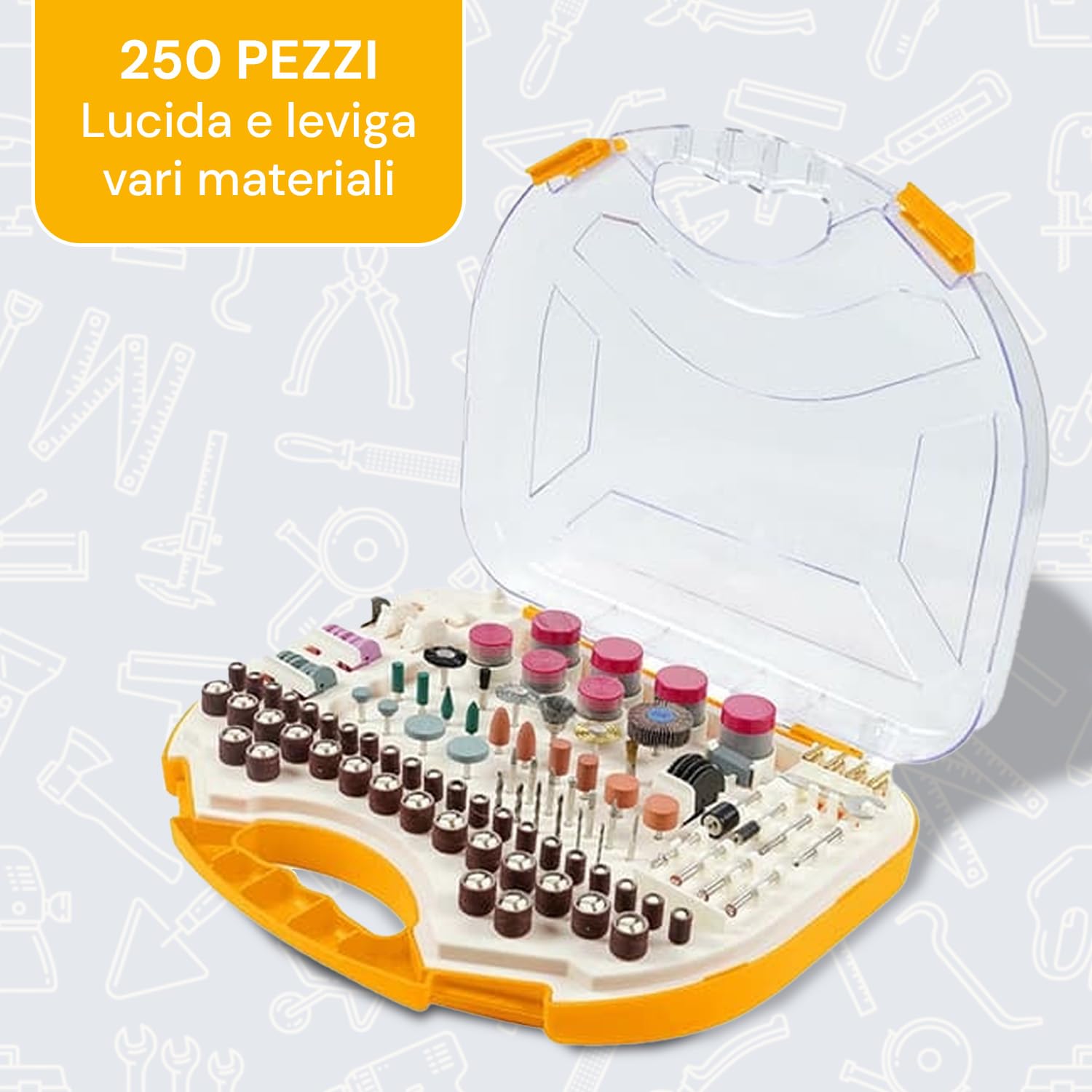Avilia Set Valigetta con Accessori di Levigatura e Lucidatura per Mini Smerigliatrice - 250 Utensili Multifunzione, Ideali per Professionisti e Hobbisti