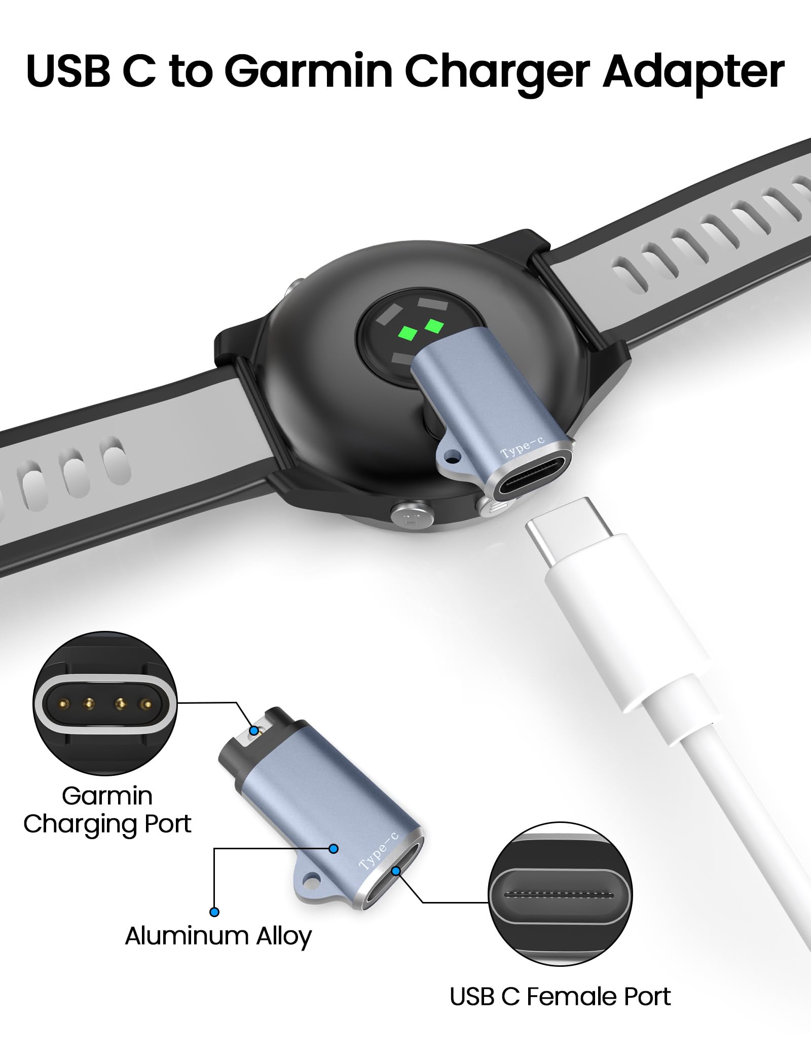 Adapter kabla ładującego USB C do zegarków Garmin, adapter kabla do ładowania typu C do Garmin Fenix 8, 7X, 6 Pro Solar, Vivoactive 6,5, 4S, Venu 3,3S, SQ, Forerunner 165/55/970/965/265