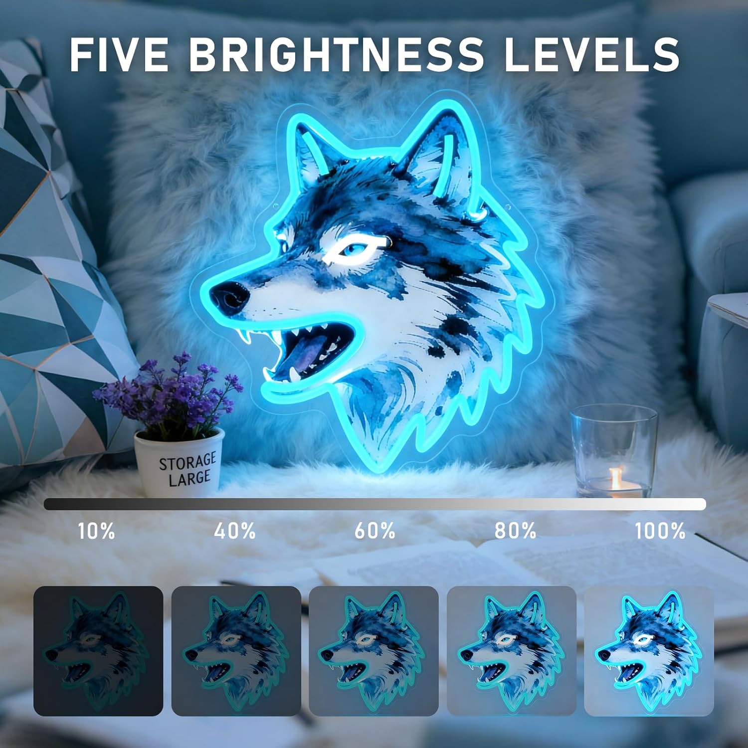 Wolf Neon Sign, UV Printed Dimmable Led Wolf Neon Light Animal Wall Decor Wolf Gifts for Boys Men Bedroom Living Room Man Cave Home Birthday Decoration