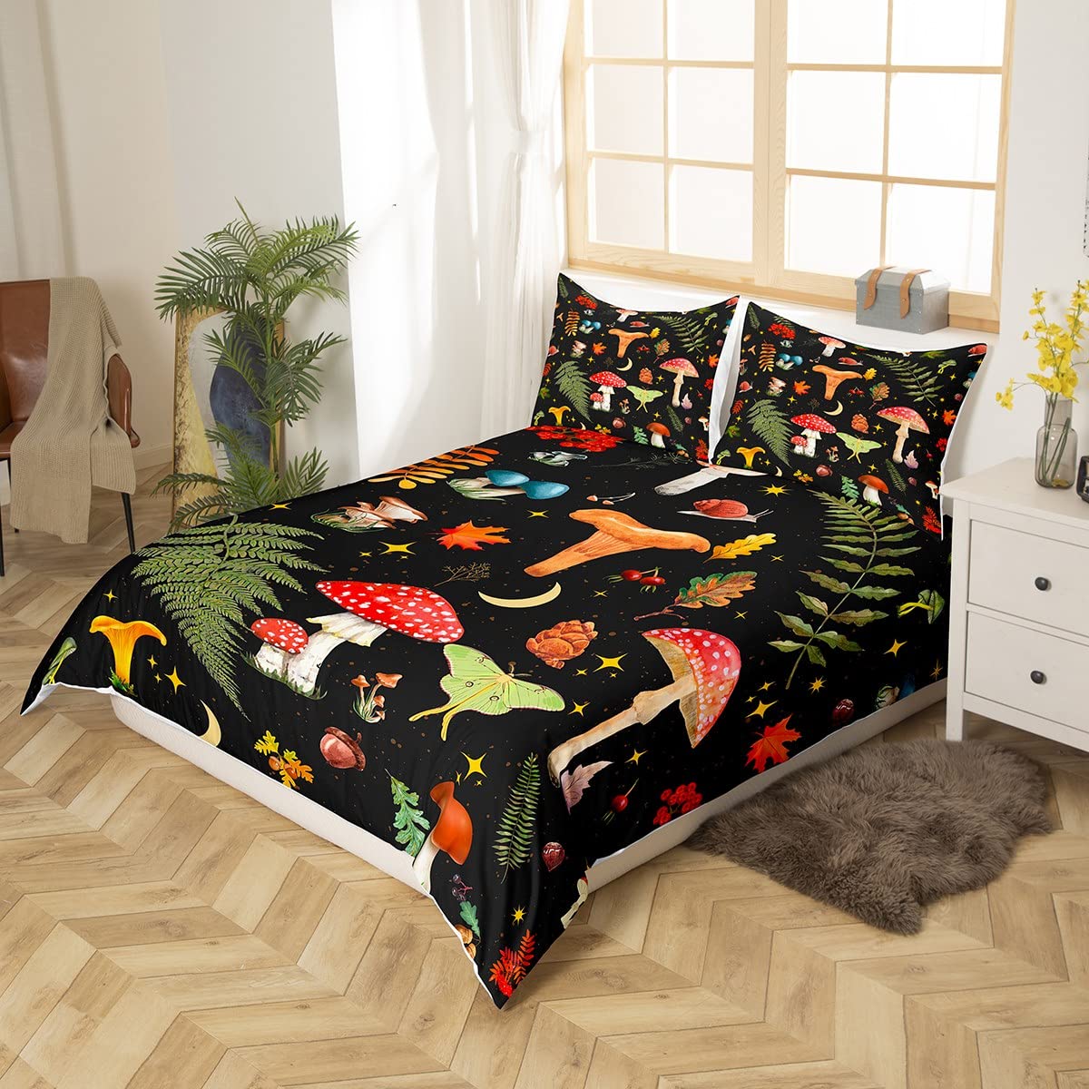 richhome Mushroom Duvet Cover Lovely Cartoon Jungle Wild Plants Bedding Set for Kids Teens Adults Glitter Stars Outdoor Leaves Rustic Style Comforter Cover with 2 Pillowcases Super King Size 3 Pcs - Image 2