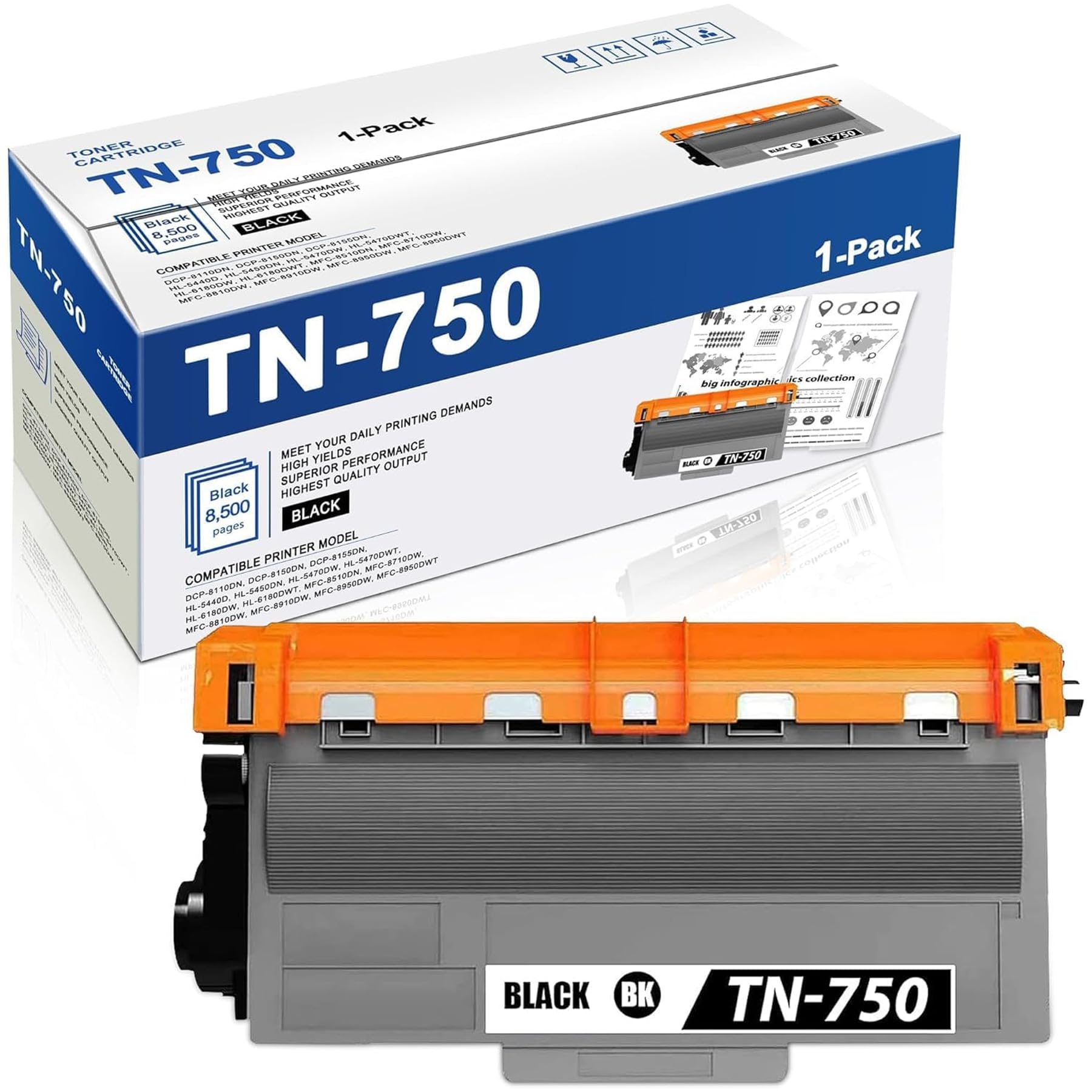 TN750 Toner Cartridge Replacement for Brother TN-750 TN720 TN-720 High Yield Toner Cartridge Compatible with HL-5450DN HL-5470DW HL-6180DW MFC-8710DW