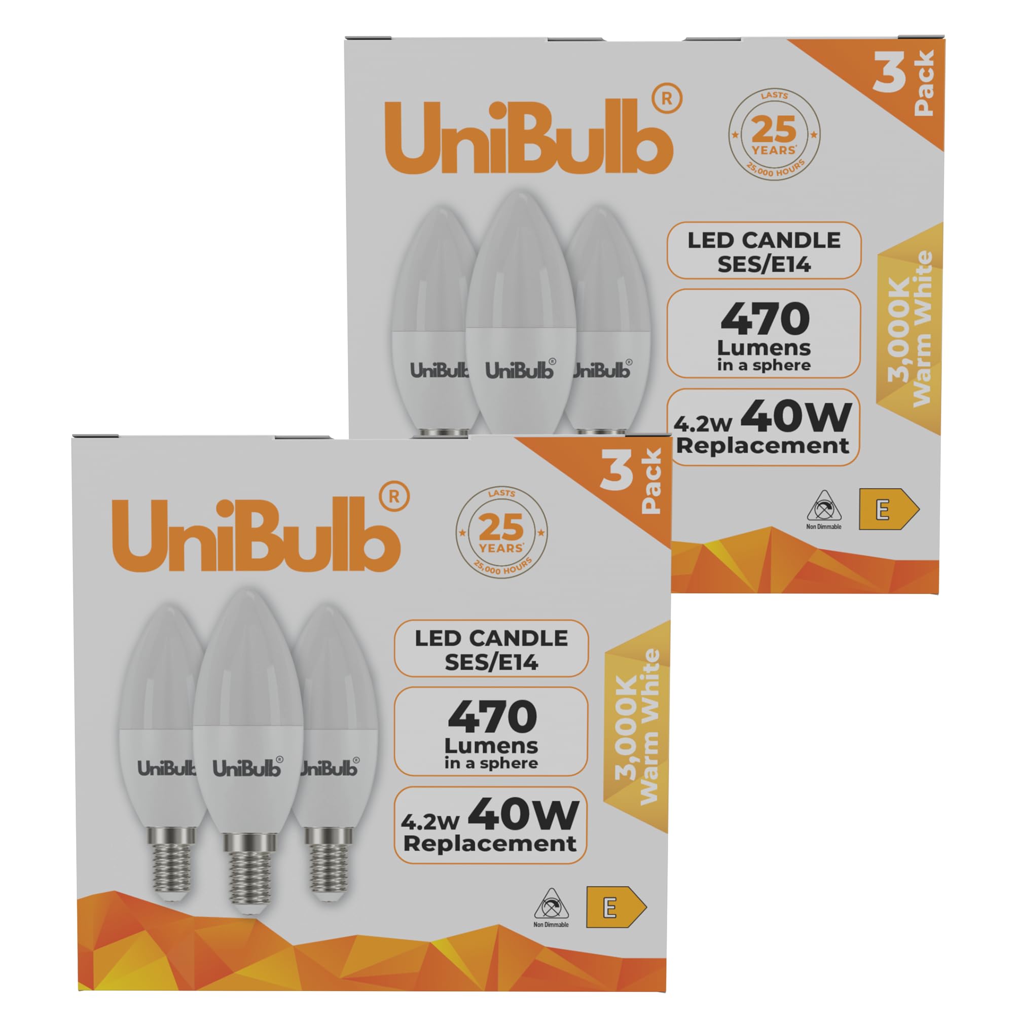 Unibulb E14 SES LED Candle Bulbs, 470 Lumens, Warm White 2700K, 4.2W, Replaces 40W, 25yr Lifespan (6)