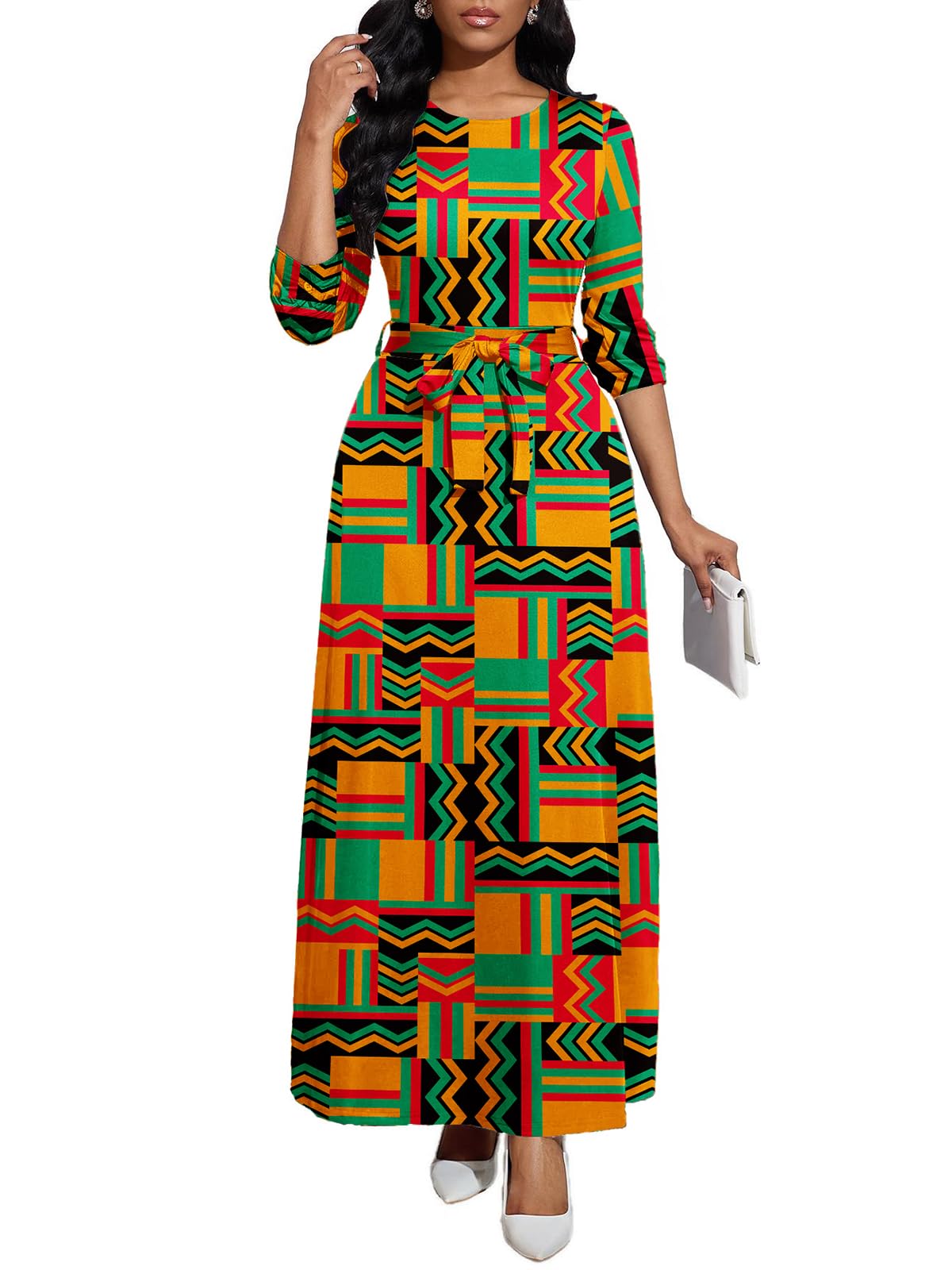 BubFee Long Dress for Women Casual Long Sleeve Dresses Maxi Dress Empire Waist Loose with Belt