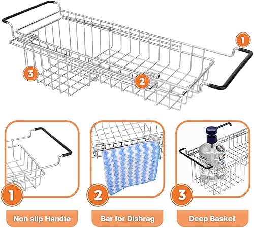 Miniatura 4 de Organizador de fregadero de cocina con barra de toalla de plato estante telescópico de acero inoxidable soporte de esponja para fregadero accesorios