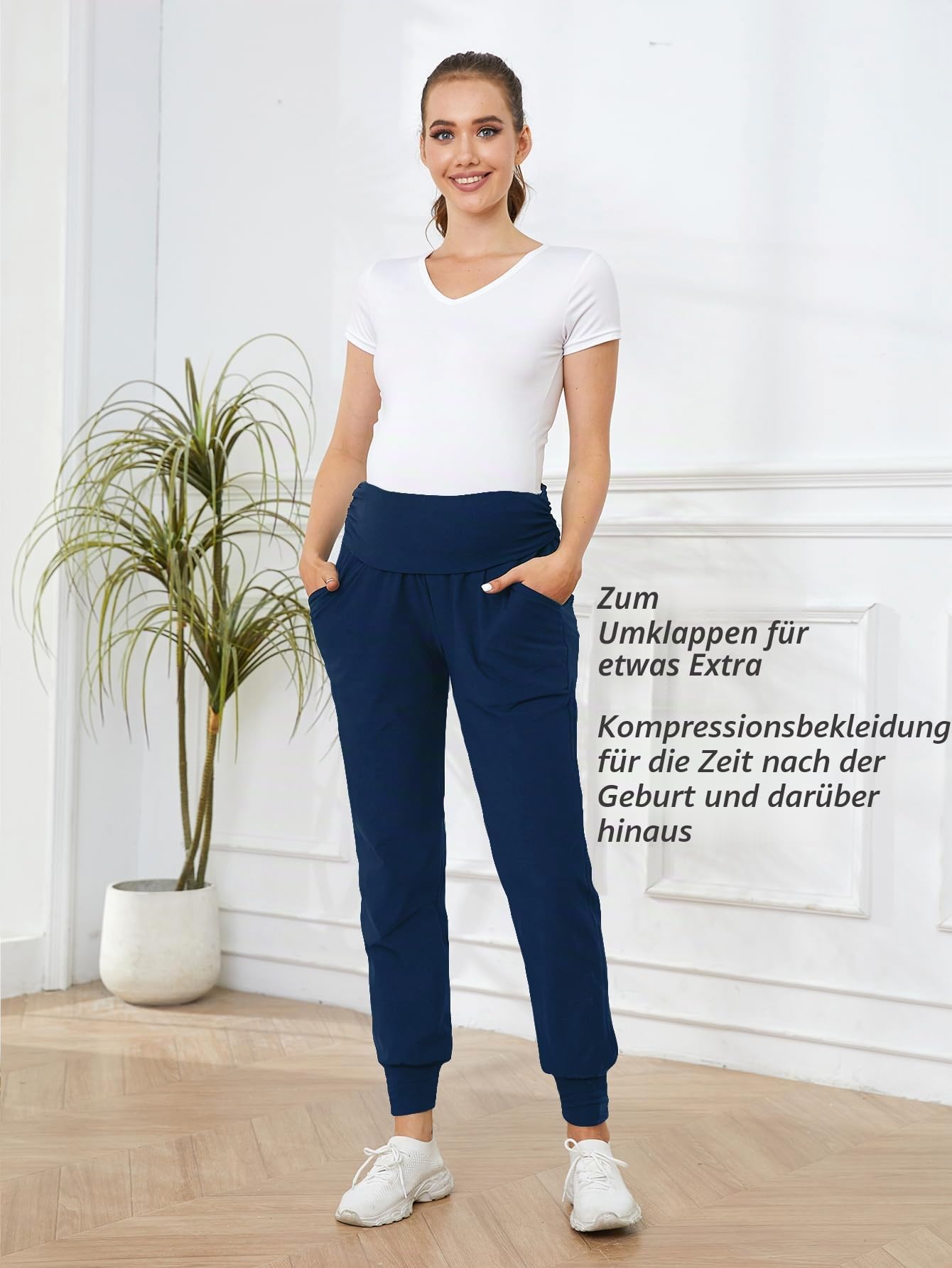 PARNIXS Umstandsmode Zweiteiliges Set Basic Stretch-Design mit Taschen Weiche Leggings für aktive Mütter Yogahosen – Ganzjährig tragbar