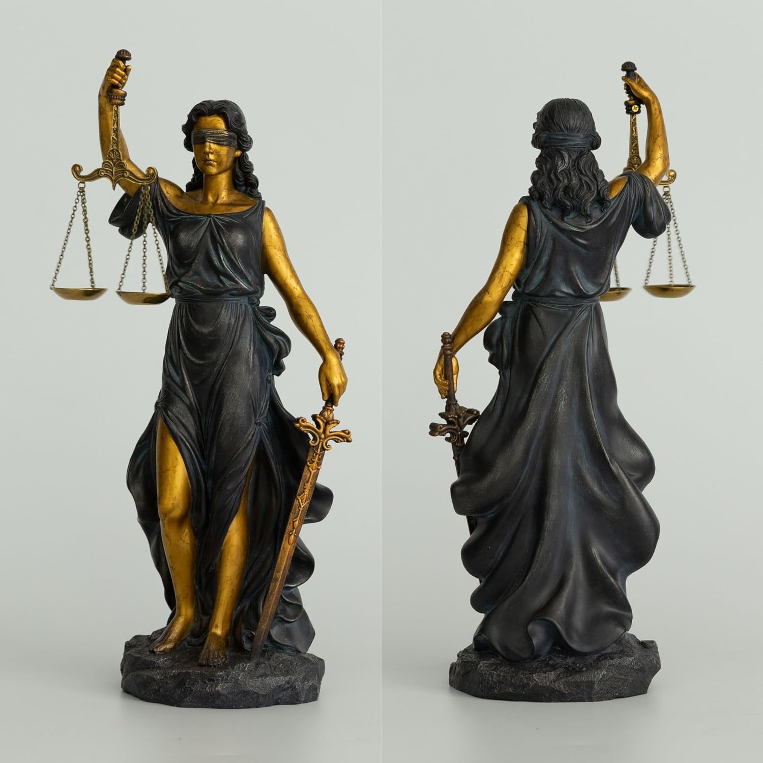 Lady Justice Statue, 13in Bronze and Gold Decorative Sculpture with Scale and Sword, Law Office Desk Decor, Lawyer Gift, Blind Justice Figurine for Bookshelf Living Room (Bronze & Gold)