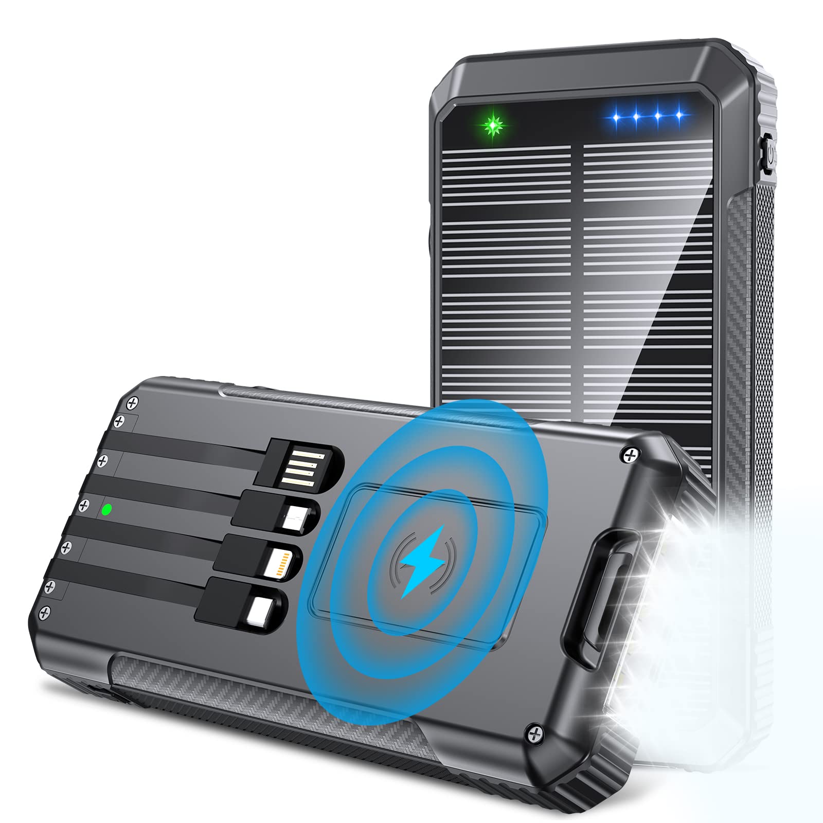 Power-Bank-Solar-Charger-Wireless Charger, 33800mAh Portable Charger 20W Fast Charging External Battery for All Mobile Devices,Three Inputs Solar Portable Charger with Dual Flashlights (Black)