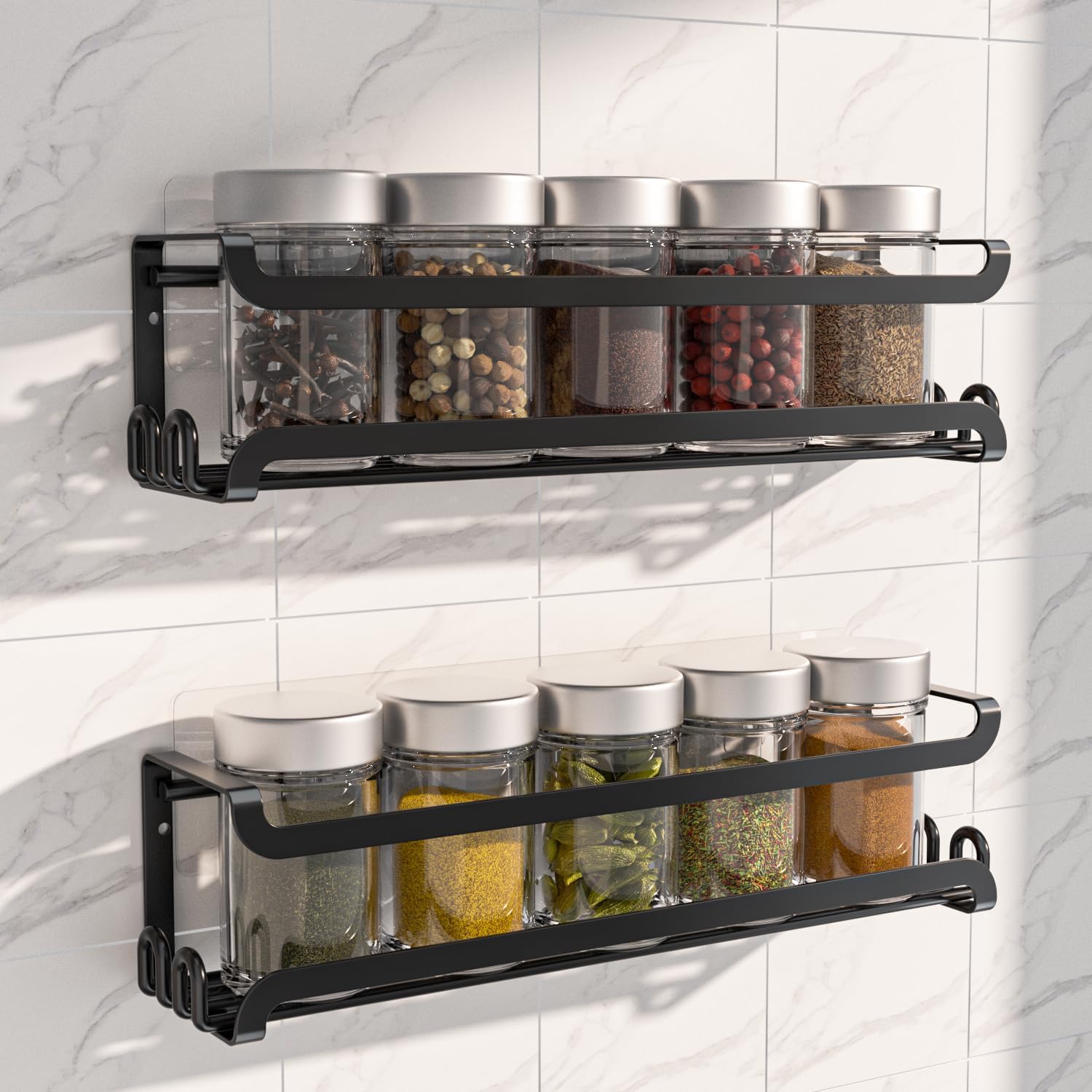 LUCYCAZ 2 Pack Wall Mounted Spice Rack with 16 Hooks, Spice Organizer Shelf for Stove Cabinet Pantry Door,Screw or Adhesive Spice Shelf Hanging Wall Spice Rack in Kitchen and RV (Black, 2 PACK) LUCYCAZ 2 Pack Wall Mounted Spice Rack with 16 Hooks, Spice Organizer Shelf for Stove Cabinet Pantry Door,Screw or Adhesive Spice Shelf Hanging Wall Spice Rack in Kitchen and RV (Black, 2 PACK)