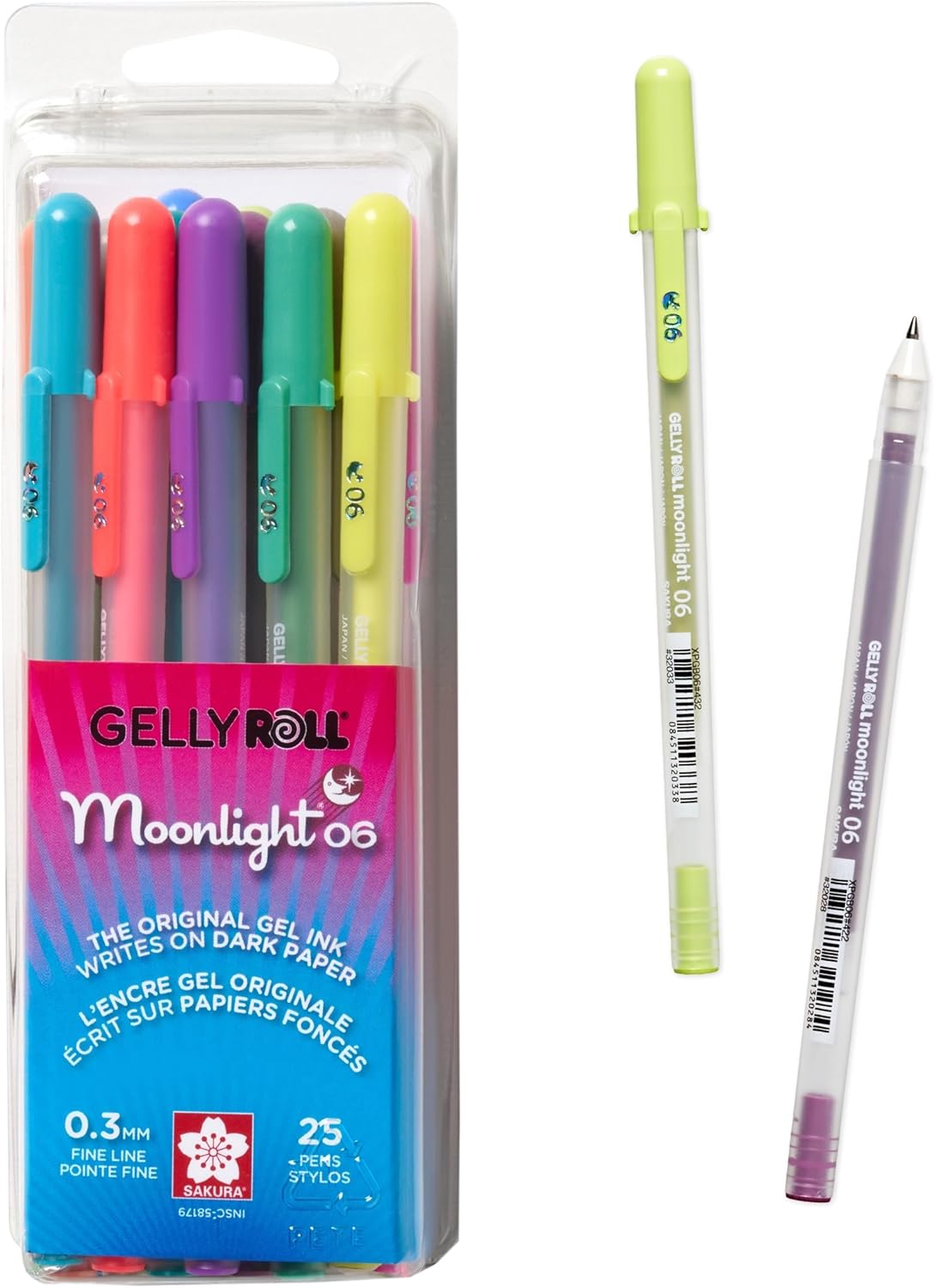 SAKURA Gelly Roll Moonlight 25 Pack, 06 Fine point, Bright Opaque Ink Gel Pens, Creamy Smooth Ink, Writes on Dark Paper