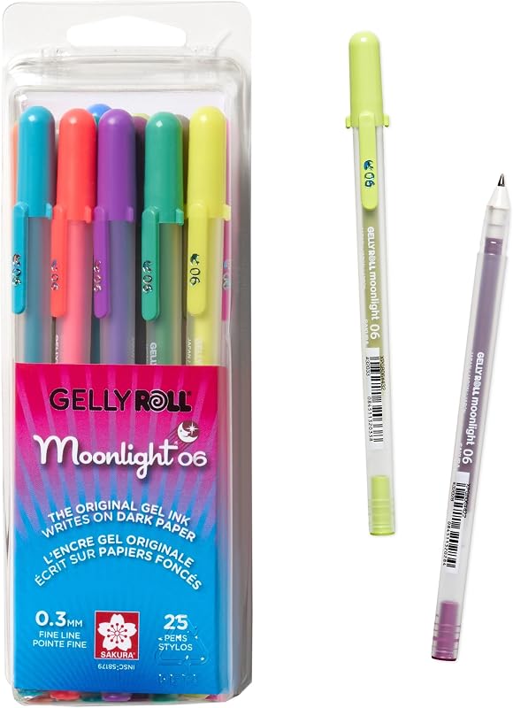 SAKURA Gelly Roll Moonlight Paquete de 25, 06 punta fina, bolígrafos de gel de tinta opaca brillante, tinta suave y cremosa, escribe en papel oscuro | Bolígrafos de tinta de punta fina para diario, arte o dibujo, tinta opaca, tinta resistente al agua y a la decoloración