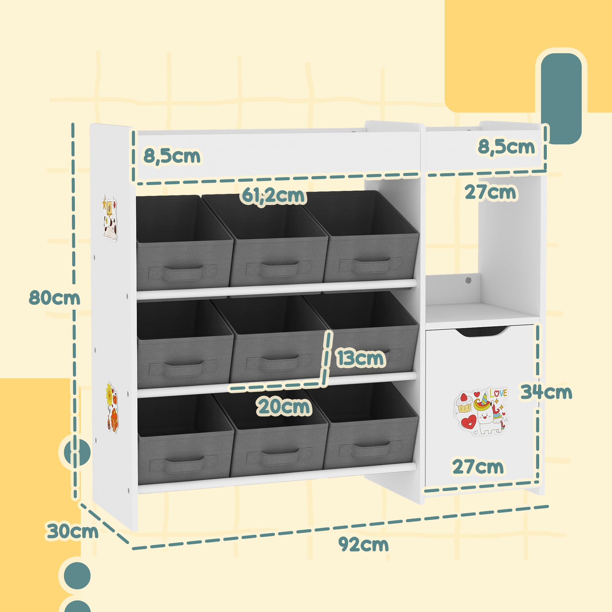 AIYAPLAY Meuble Rangement Enfant étagère de Rangement pour Jouets Enfants avec 9 tiroirs en Tissu et Placard pour Chambre d'enfant, Salle de Jeux, garderie, Blanc