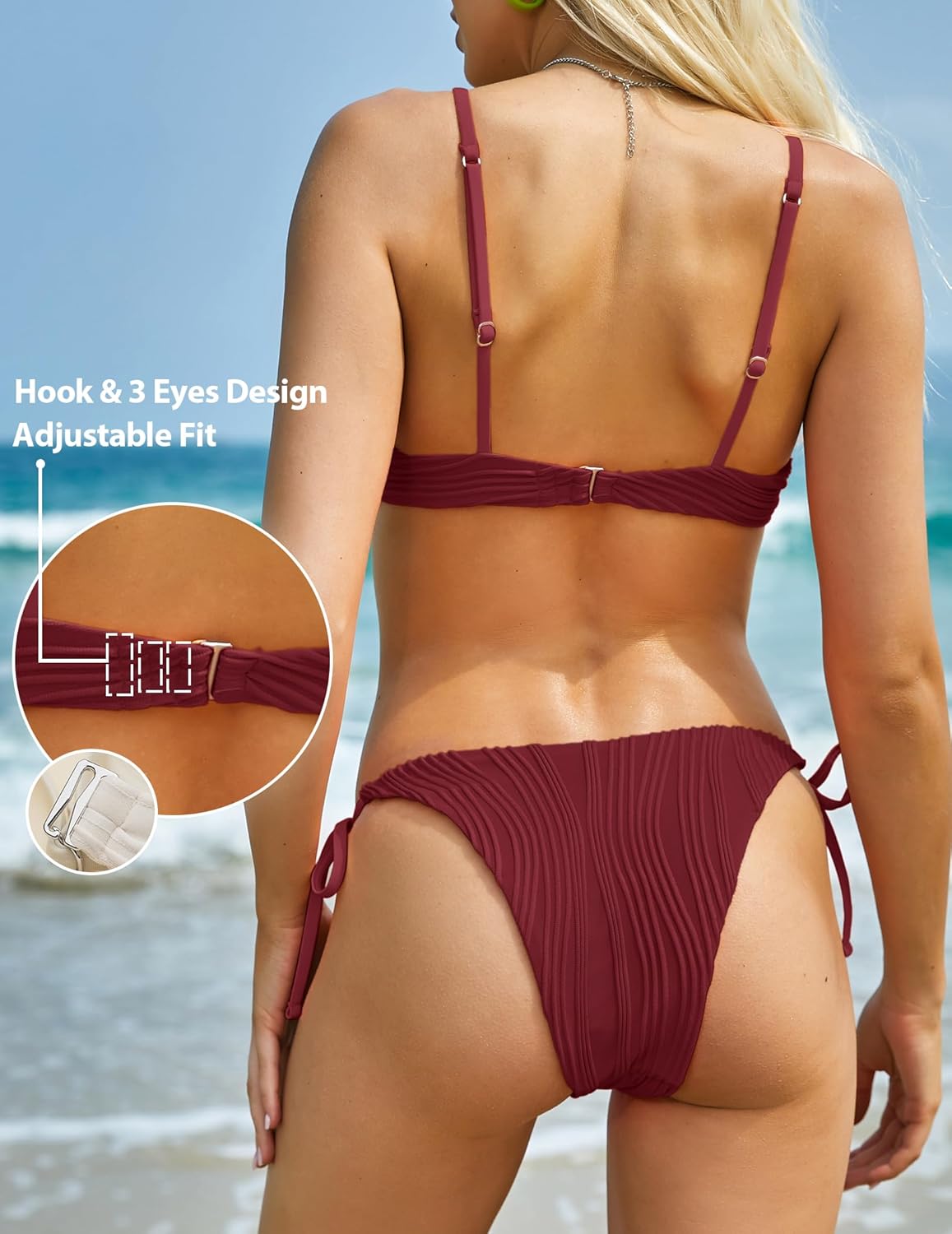 ZAFUL Women's Bikini Sets Ribbed Two Piece Swimsuits Underwire Adjustable Back Clasp Bathing Suit Side Tie Thong Swimwear - Image 4
