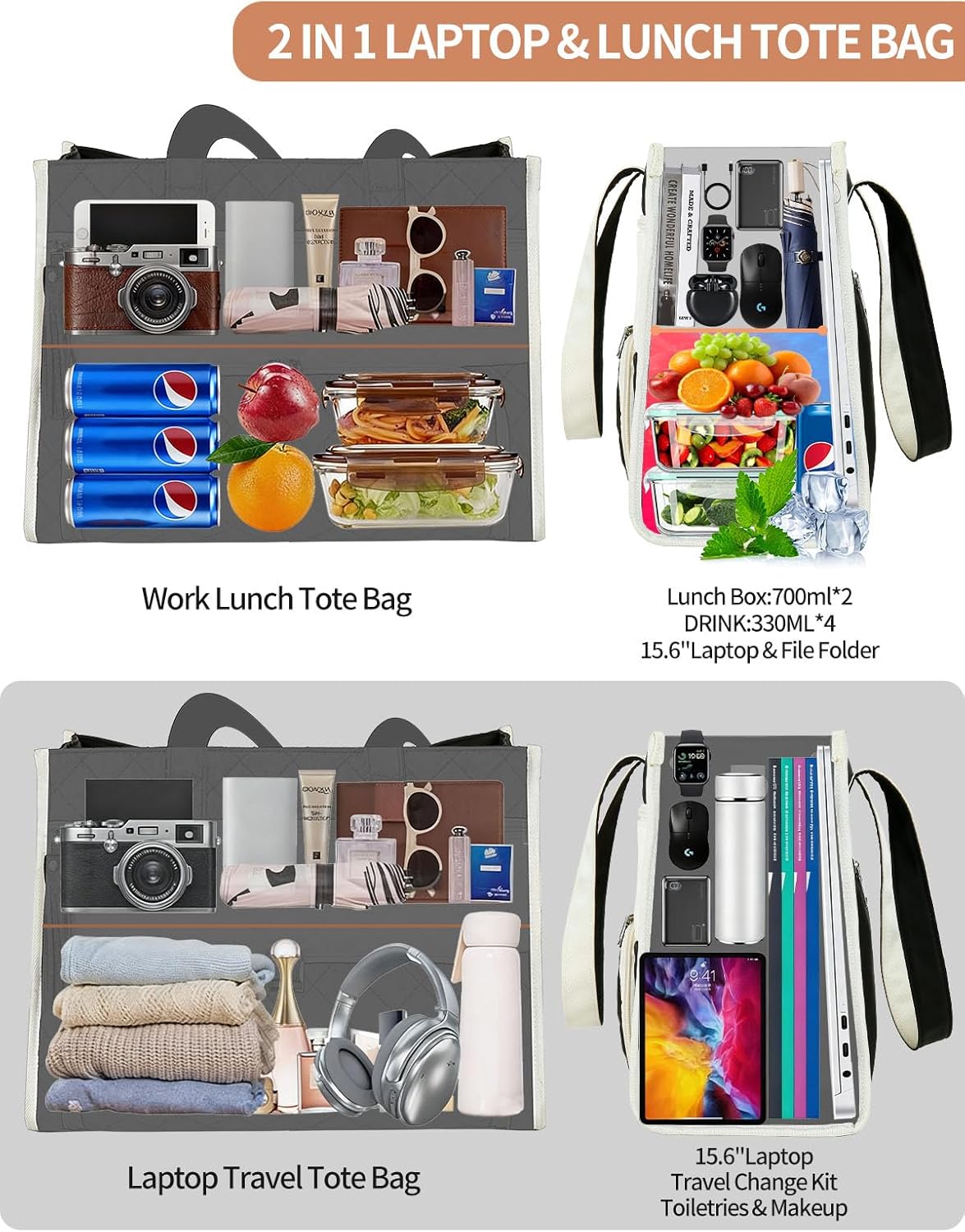 Rexmore Puffer Lunch Tote Bag for Women with Insulated Compartment & 15.6" Laptop Sleeve, 2 in 1 Quilted Computer Purse with Cup Holder for Work, College, Travel(Black-Beige) - Image 9