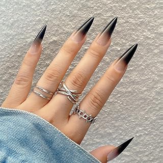 Stiletto Press on Nails Black Ombre Fake Nails Long Almond with Design Acrylic Glue on Nails for Women Girls Full Cover Artificial False Stick on Nail for Daily Wear Wedding Manicure 24Pcs