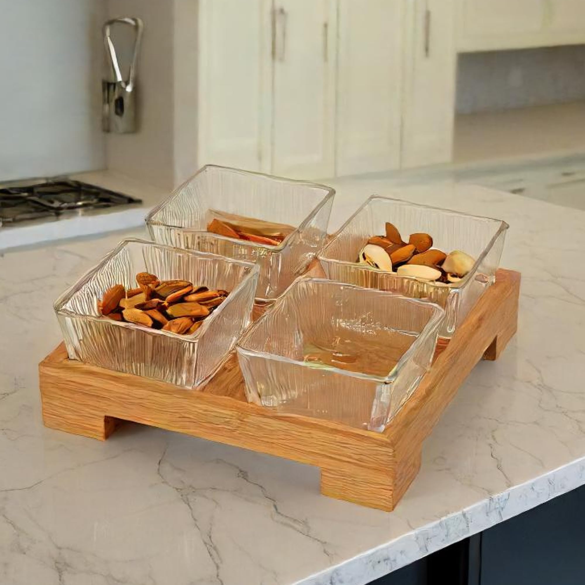 Kuber Industries Set of 4 (180ml) Square Glass Jars for Kitchen With Acacia Wooden Tray | Air Tight Masala Container & Daba Set for Dry Fruit | Transparent-ST10199