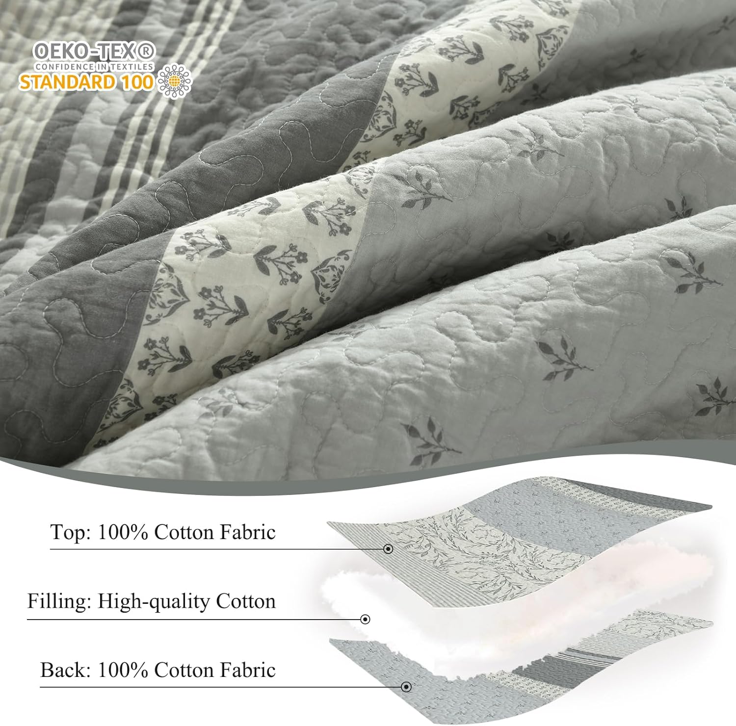 Quilt Queen Size - Gray White Quilt Set with Matching Shams, Vintage Floral Design Farmhouse Bedding Bedspread, 3 Pieces 100% Cotton Lightweight Coverlet Home Decor for All Season