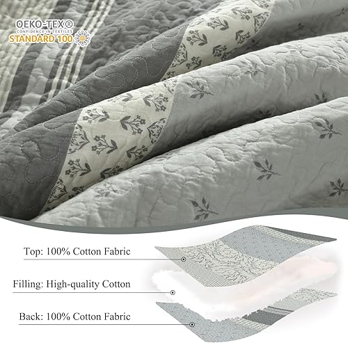 Miniatura 5 de Colcha tamaño King Juego de edredón gris y blanco con fundas a juego, colcha de diseño floral vintage, colcha de 3 piezas 100% algodón, ligera,